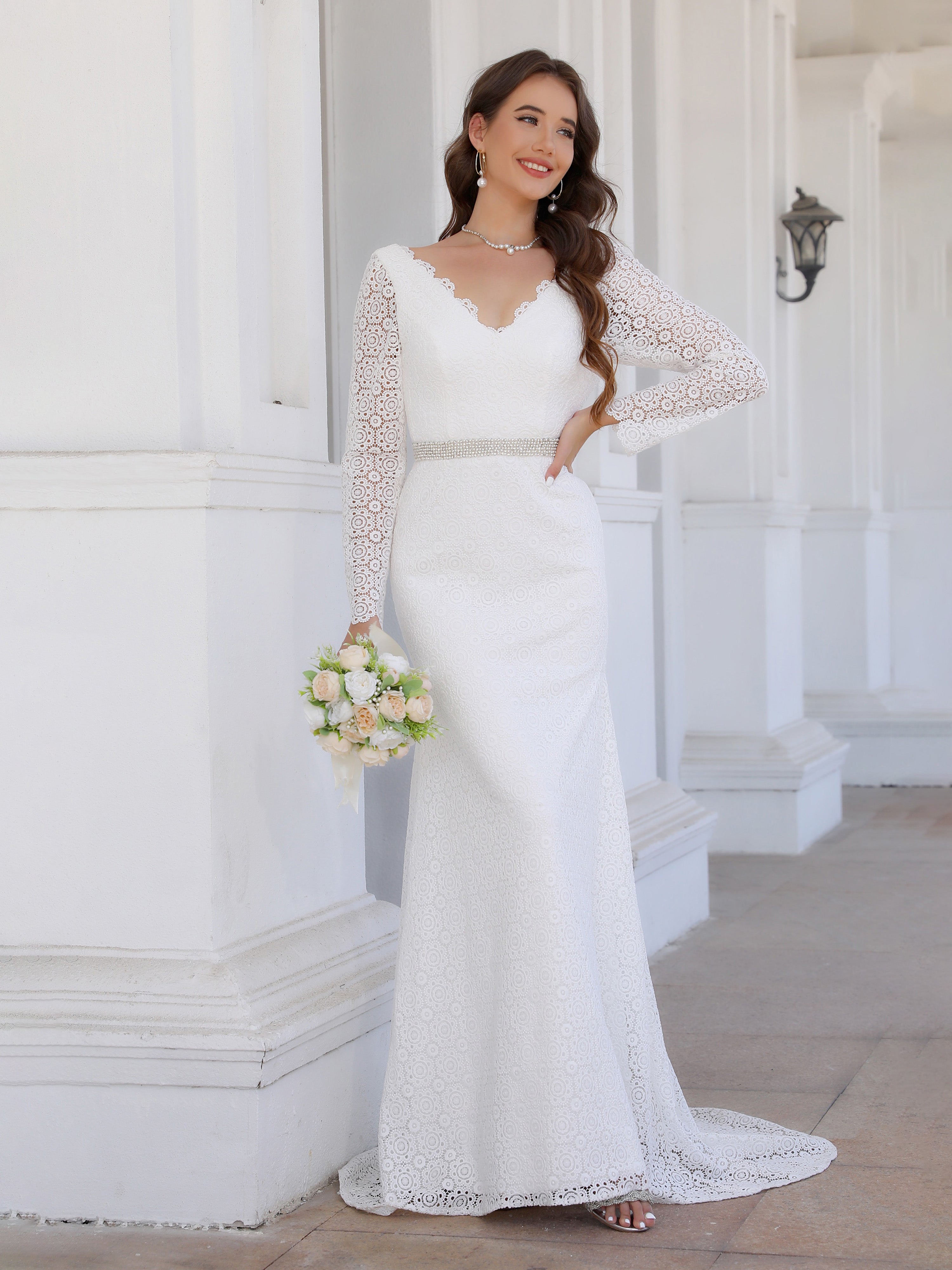Sweep/Brush Train Long Sleeves Lace Sheath/Column Wedding Dress With B Sweep/Brush Train Long Sleeves Lace Sheath/Column Wedding Dress With B
