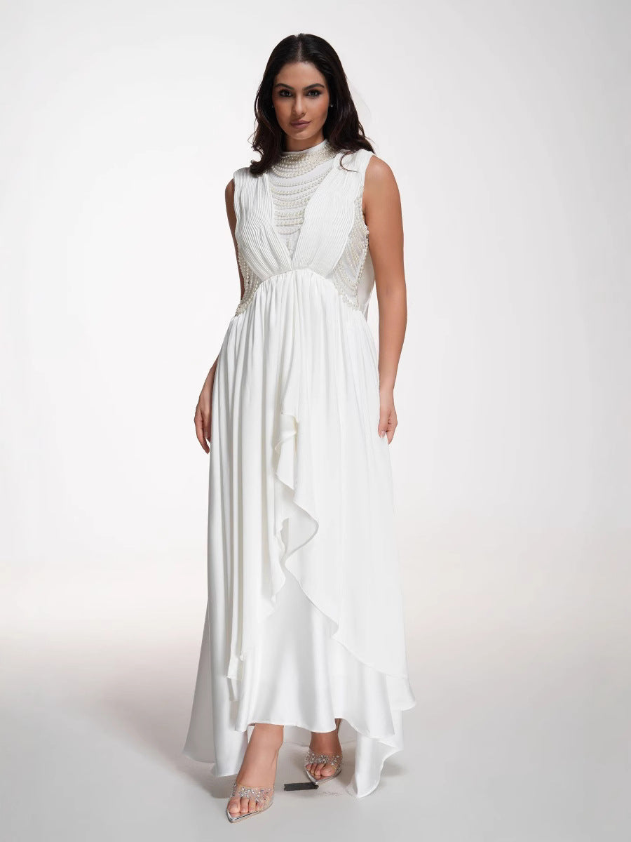 A Line Sleeveless Beading Round Neck High Waist White Asymmetrical Long Prom Dress