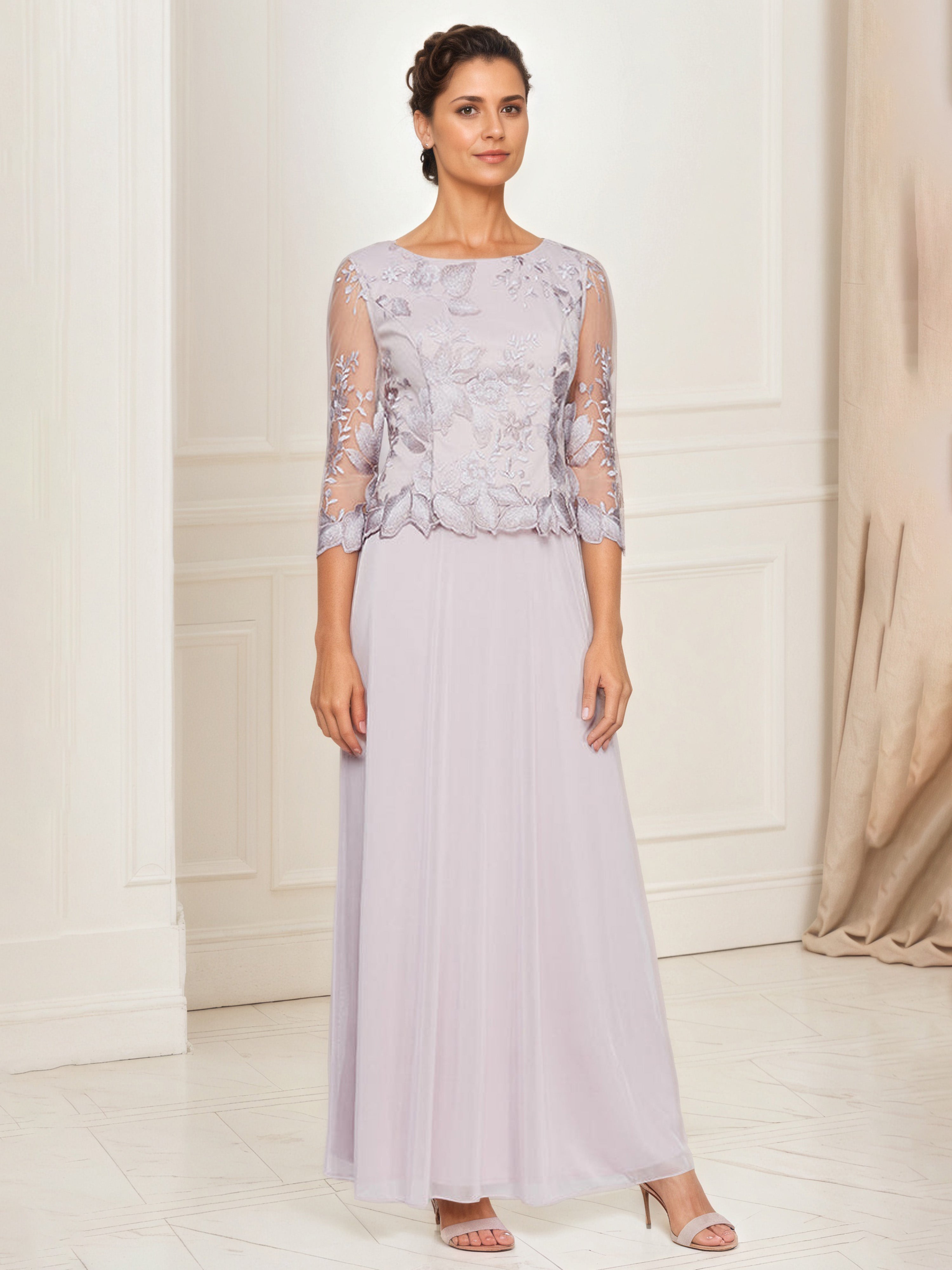 Embroidered Tulle Scallop Taupe Dusk A-Line Mother Of The Bride Dress