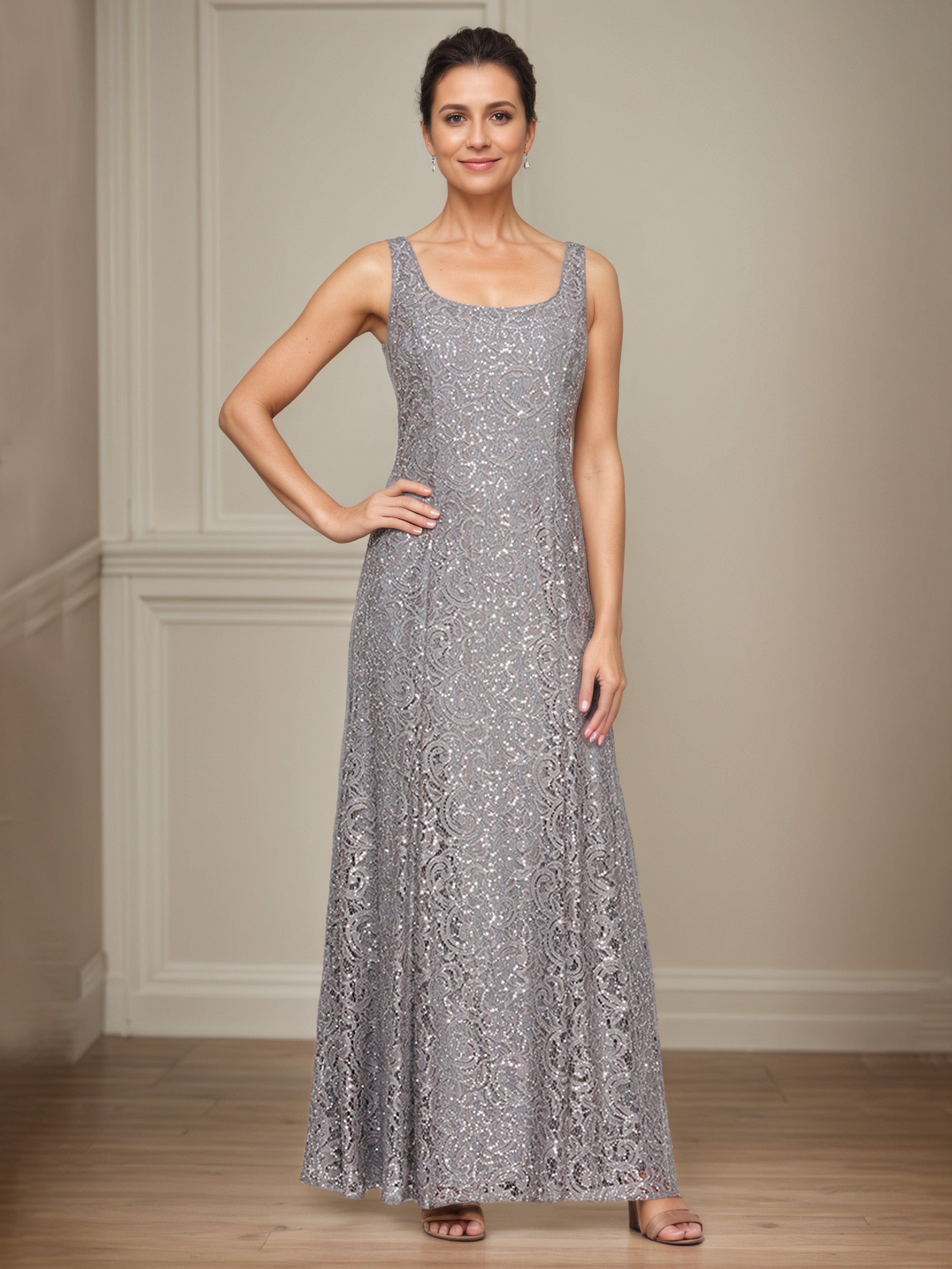 Grey Sequin Lace Long A-Line Mother Of The Bride Dress with 3/4 Sleeve Illusion Jacket