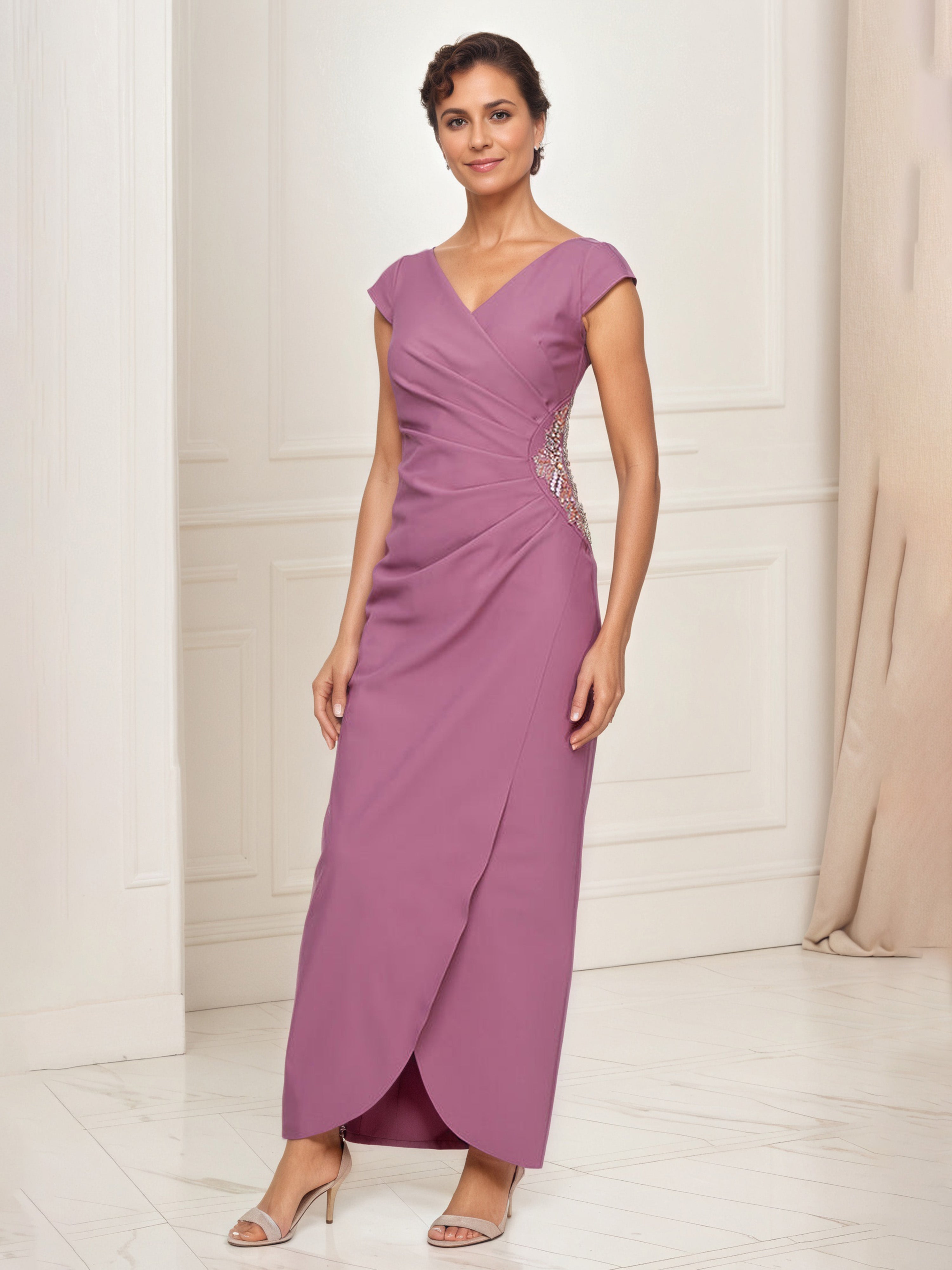 Cap Sleeves V-Neck Beaded Embellishment Waist Dark Mauve Mother Of The Cap Sleeves V-Neck Beaded Embellishment Waist Dark Mauve Mother Of The
