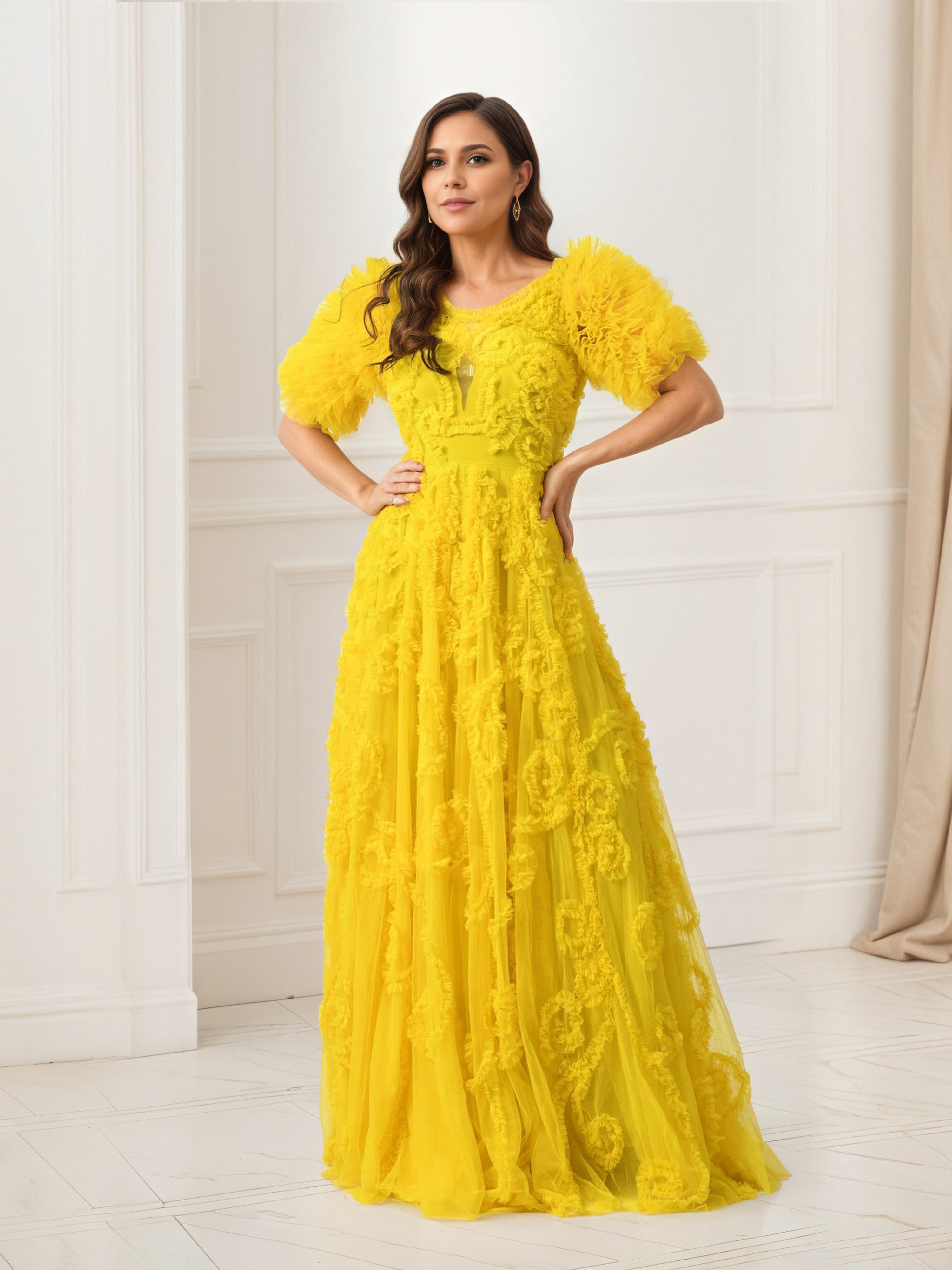 Yellow Prom Dresses Flower Tulle Long A Line Prom Dress Yellow Prom Dresses Flower Tulle Long A Line Prom Dress