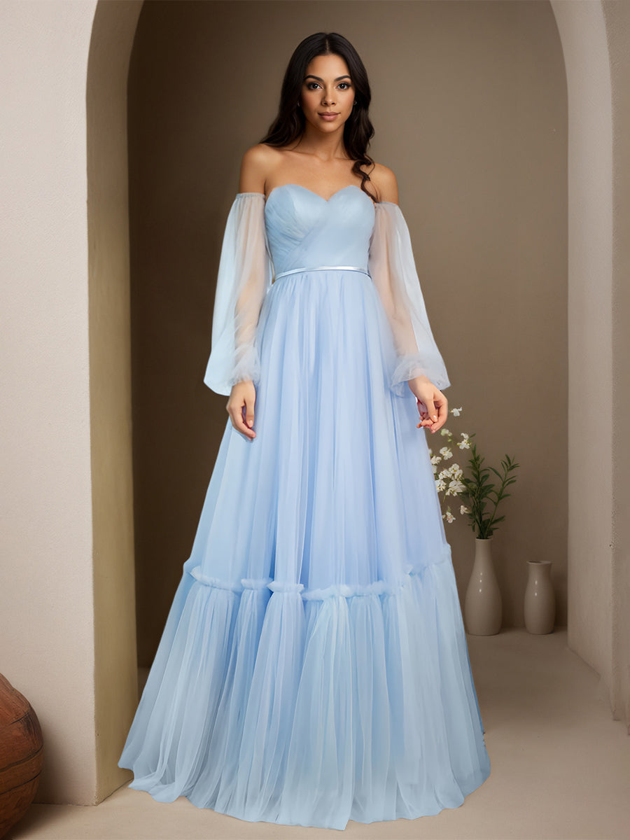 Cicinia Sky Blue Dresses Tulle Sweetheart With Long Sleeves A Line Flo