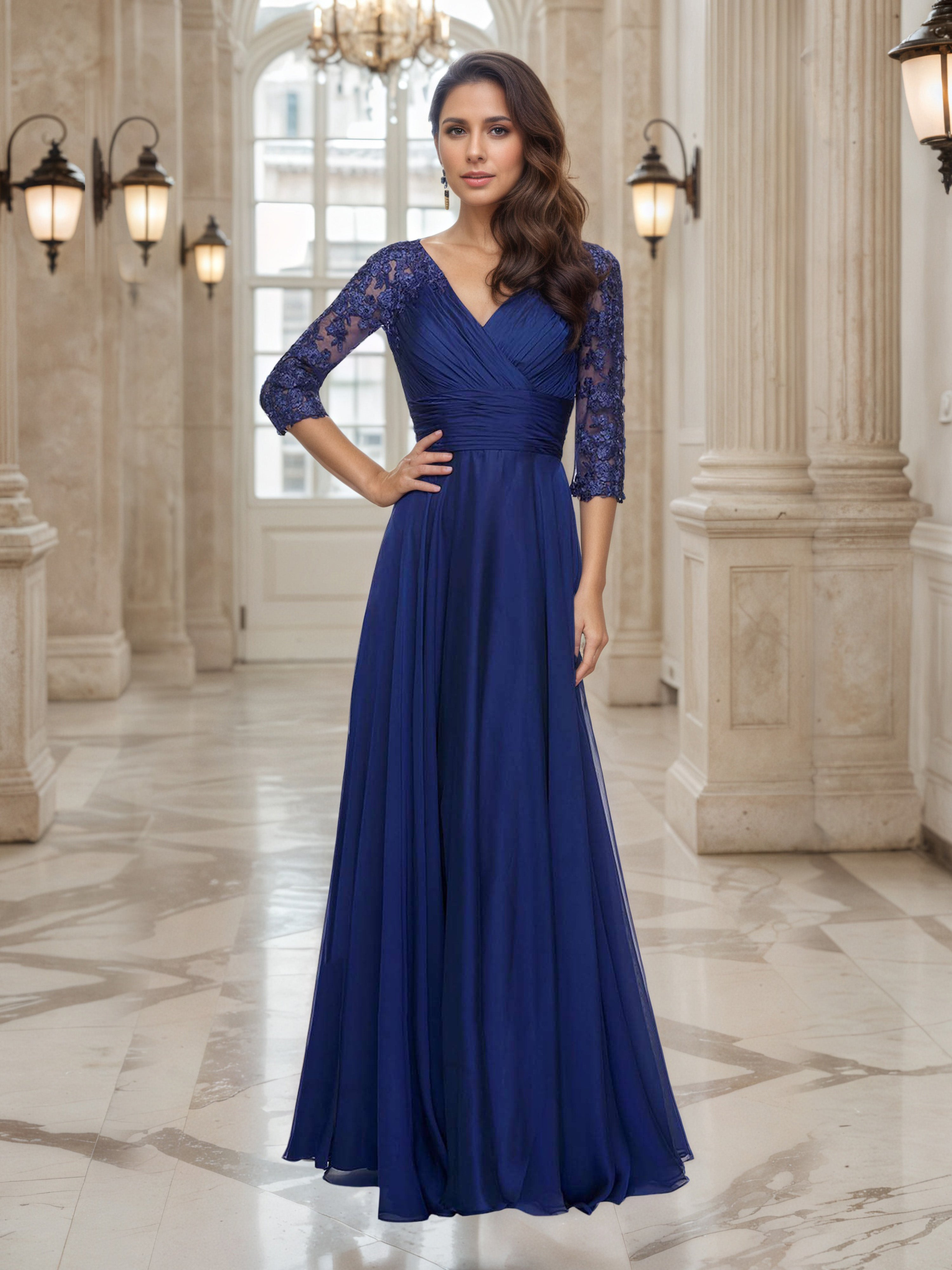 Navy Blue A-Line V-Neck 3/4 Lace Sleeves Prom Dress Navy Blue A-Line V-Neck 3/4 Lace Sleeves Prom Dress