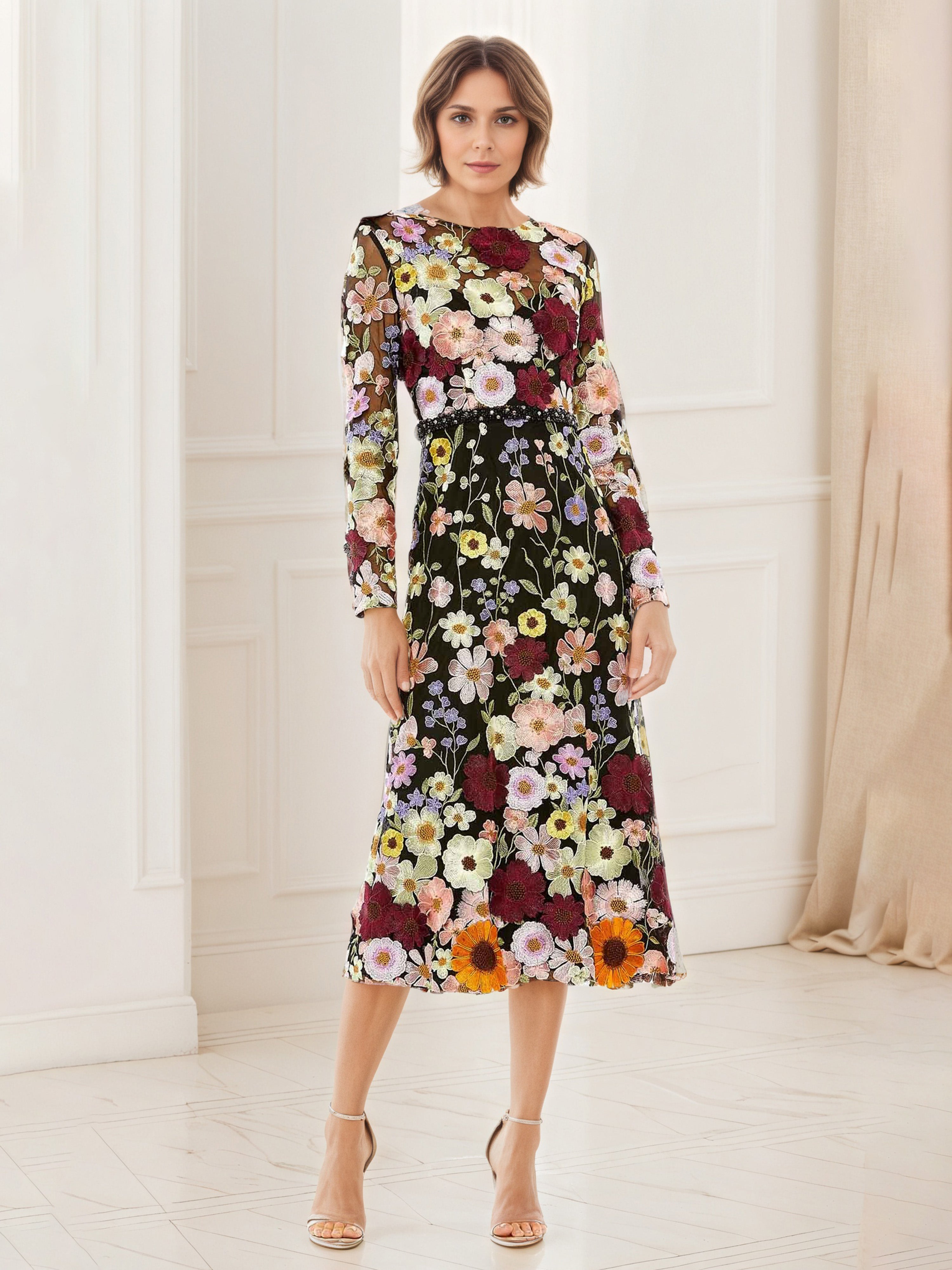 Flower Embroidered Black Prom Dress UK Long Sleeves Tea Length Prom Dr