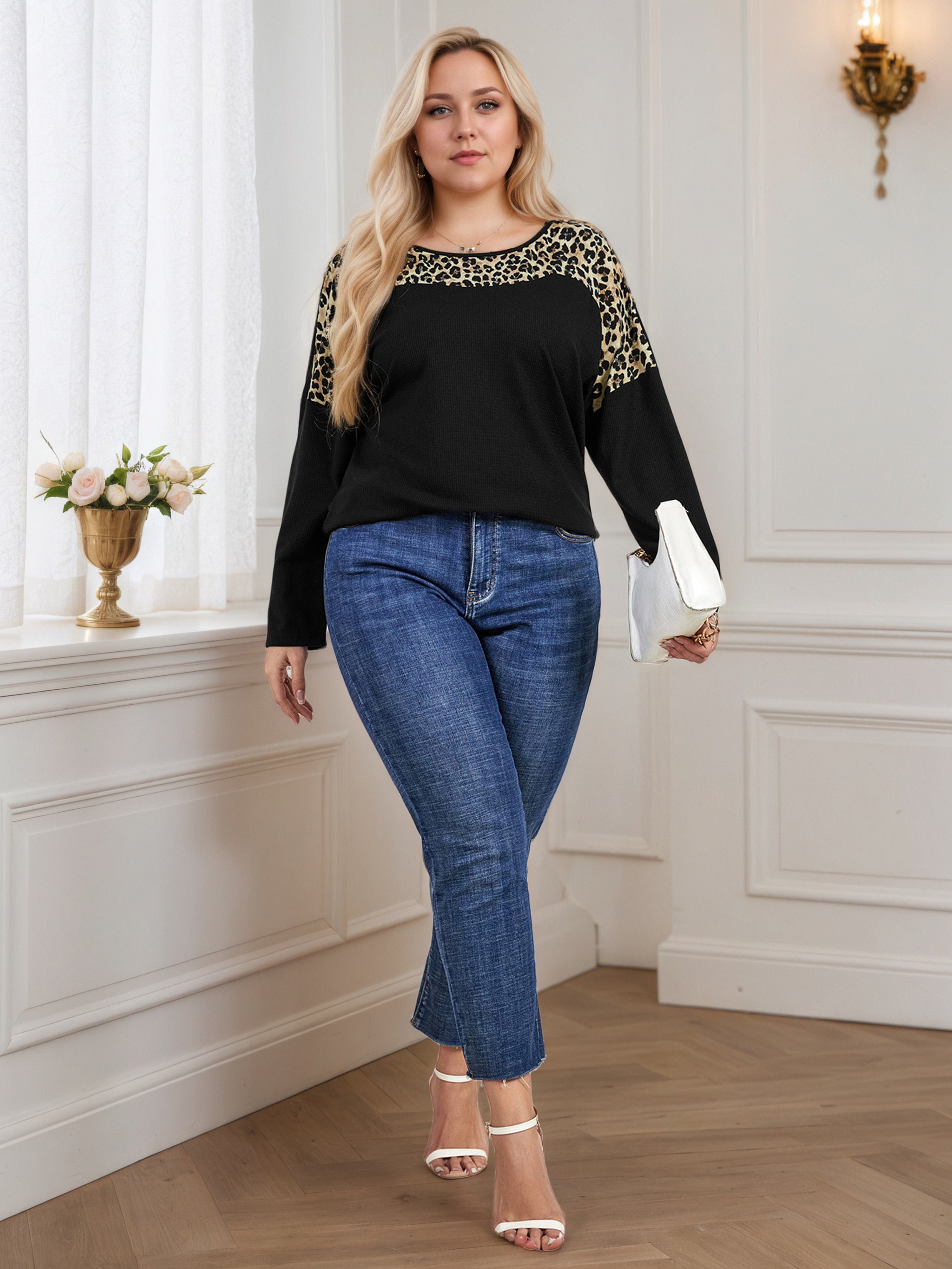 Black Plus Long Sleeves Leopard Blouse