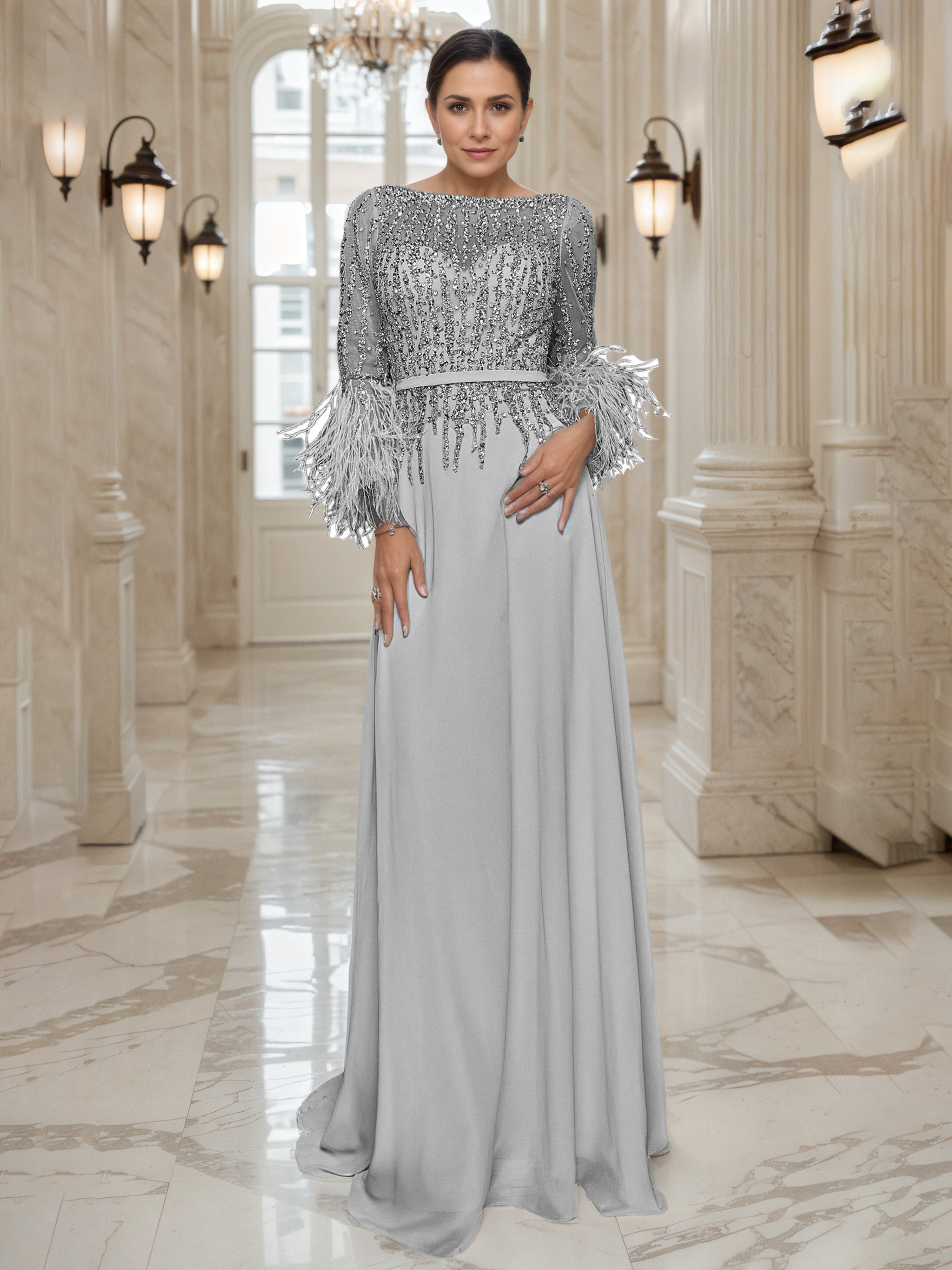 Jewel Silver Sequined Prom Dress Sweep/Brush Prom Dress with Illusion Long Sleeves Jewel Silver Sequined Prom Dress Sweep/Brush Prom Dress with Illusion Long Sleeves