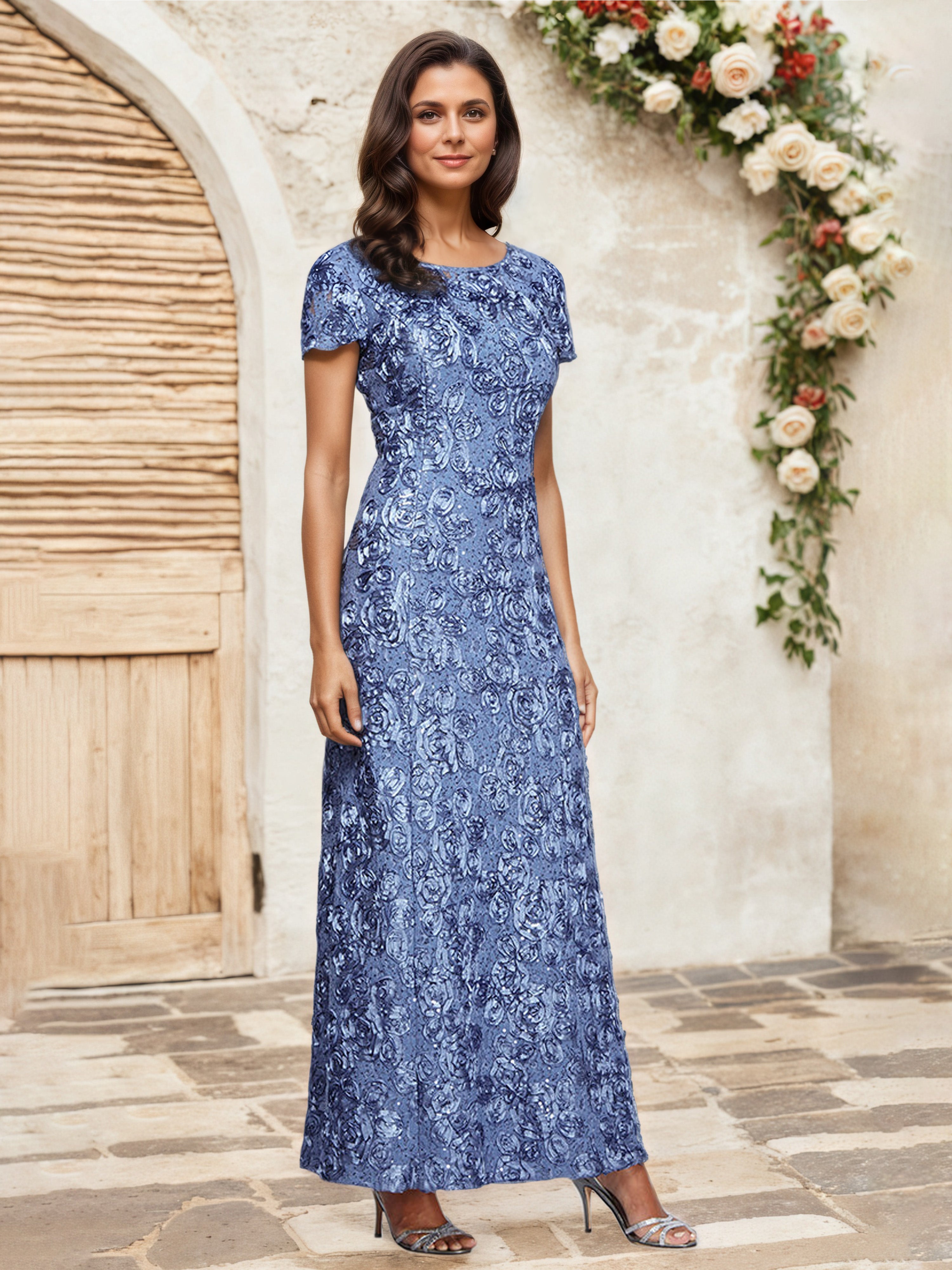 Sheath/Column Short Sleeves Round Neck Floral Blue Mother Of The Bride Sheath/Column Short Sleeves Round Neck Floral Blue Mother Of The Bride