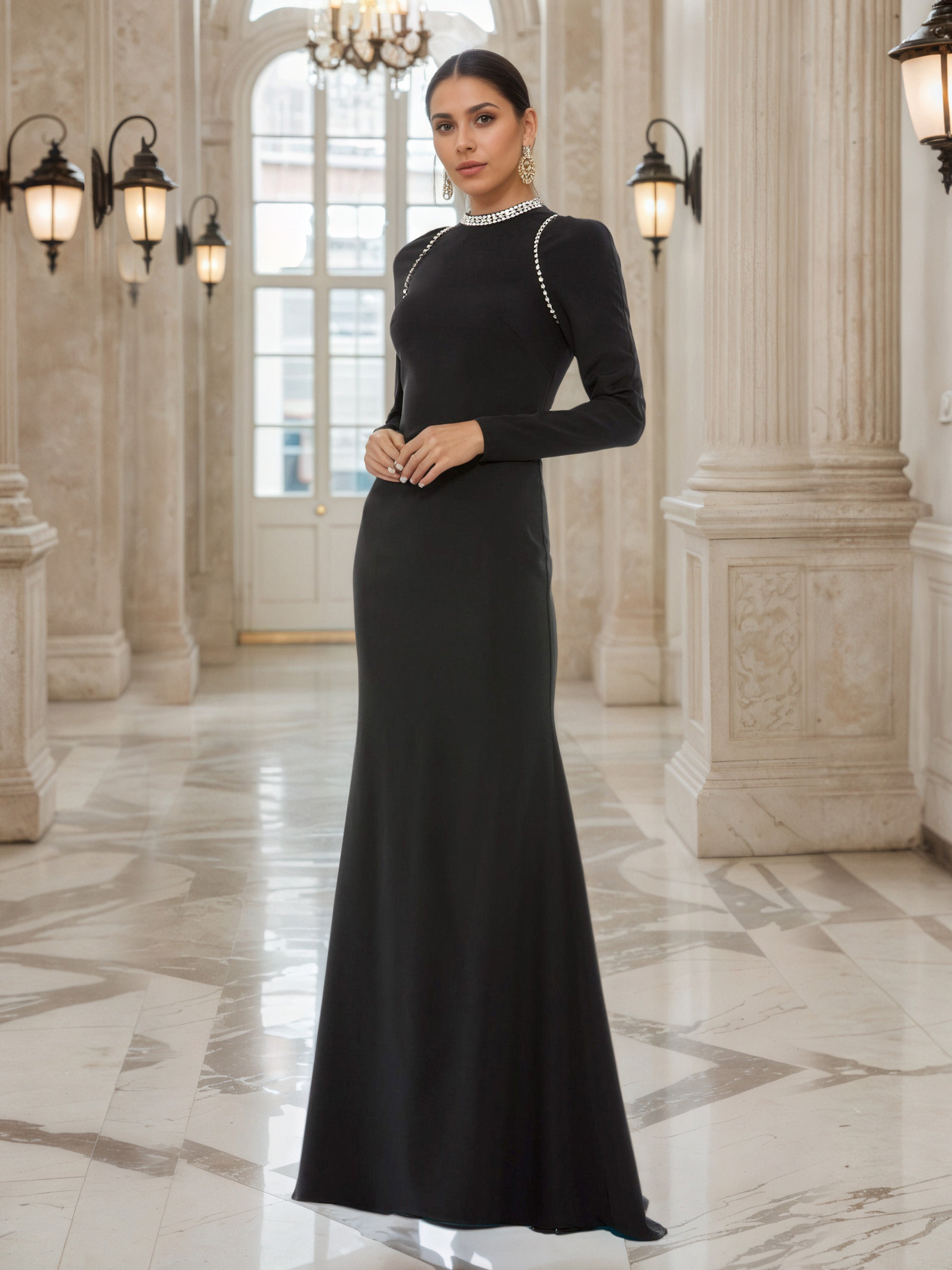 Black Prom Dress Sheath Beaded Neckline Long Sleeves Women's Gown Black Prom Dress Sheath Beaded Neckline Long Sleeves Women's Gown