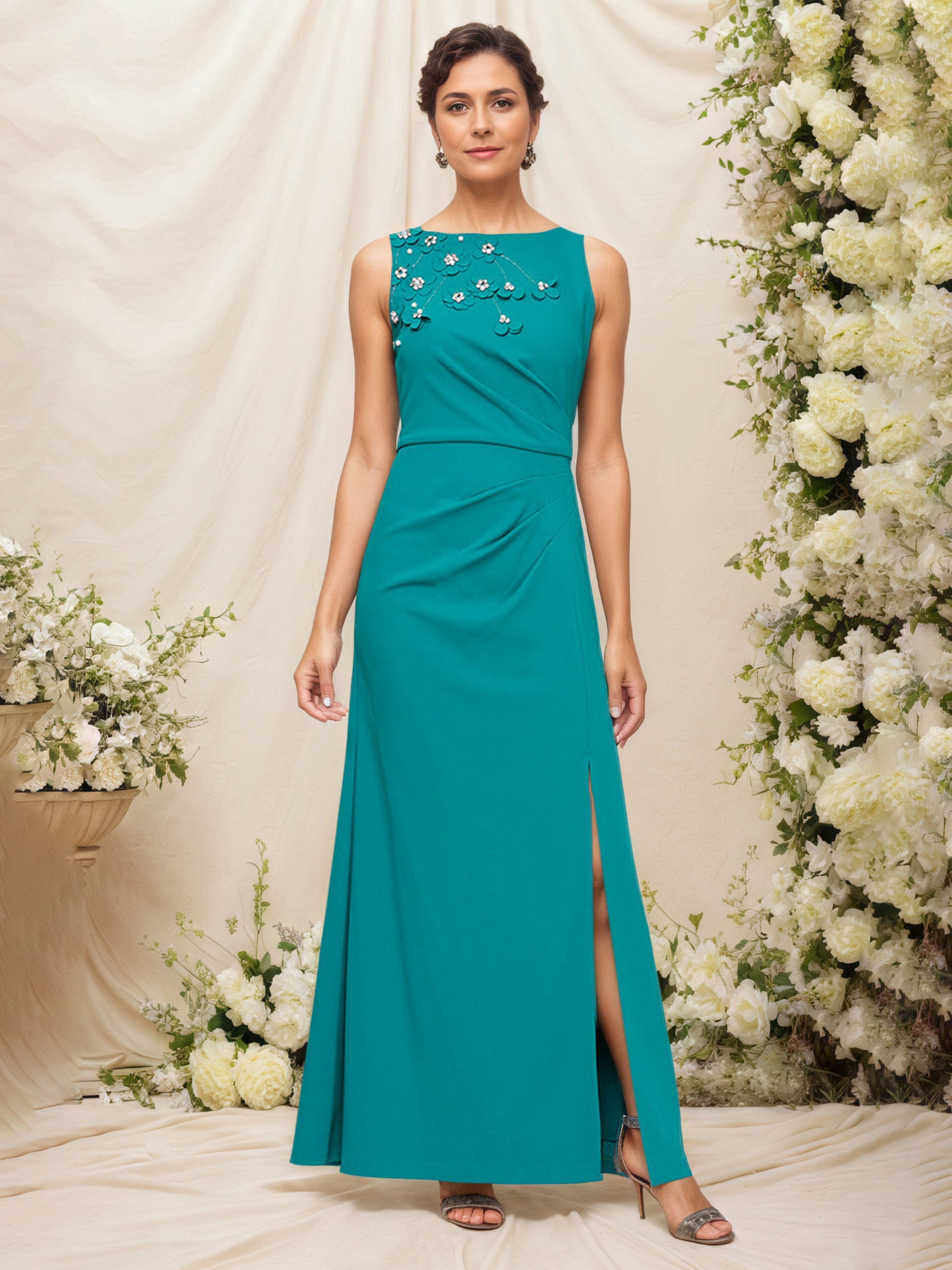 Jewel Sleeveless Jade Mother Of The Bride Floral Applique Ruched Gown