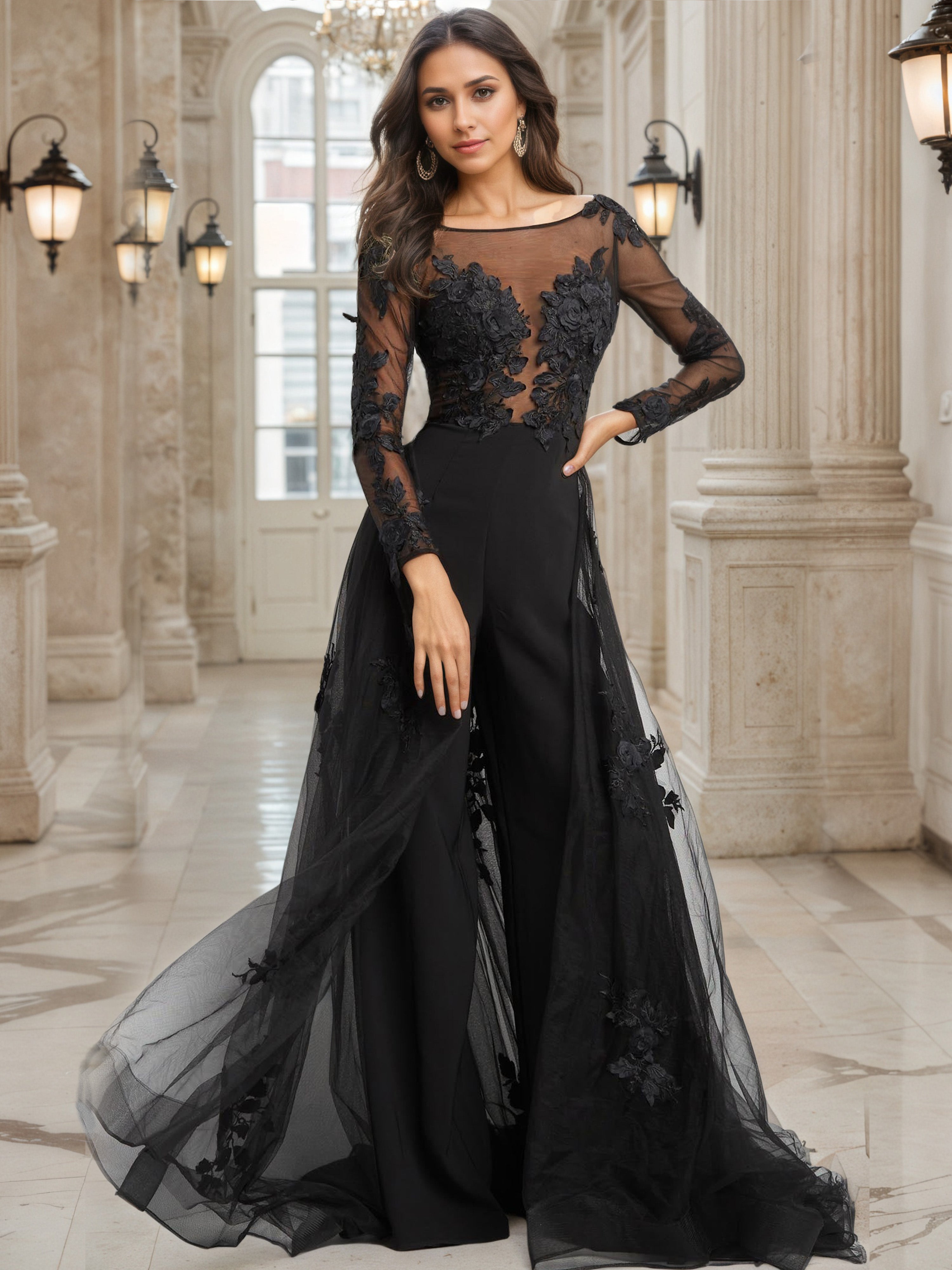 Embellished Long Sleeve Sweep/Brush Train Black Prom Dresses Pants Sui Embellished Long Sleeve Sweep/Brush Train Black Prom Dresses Pants Sui