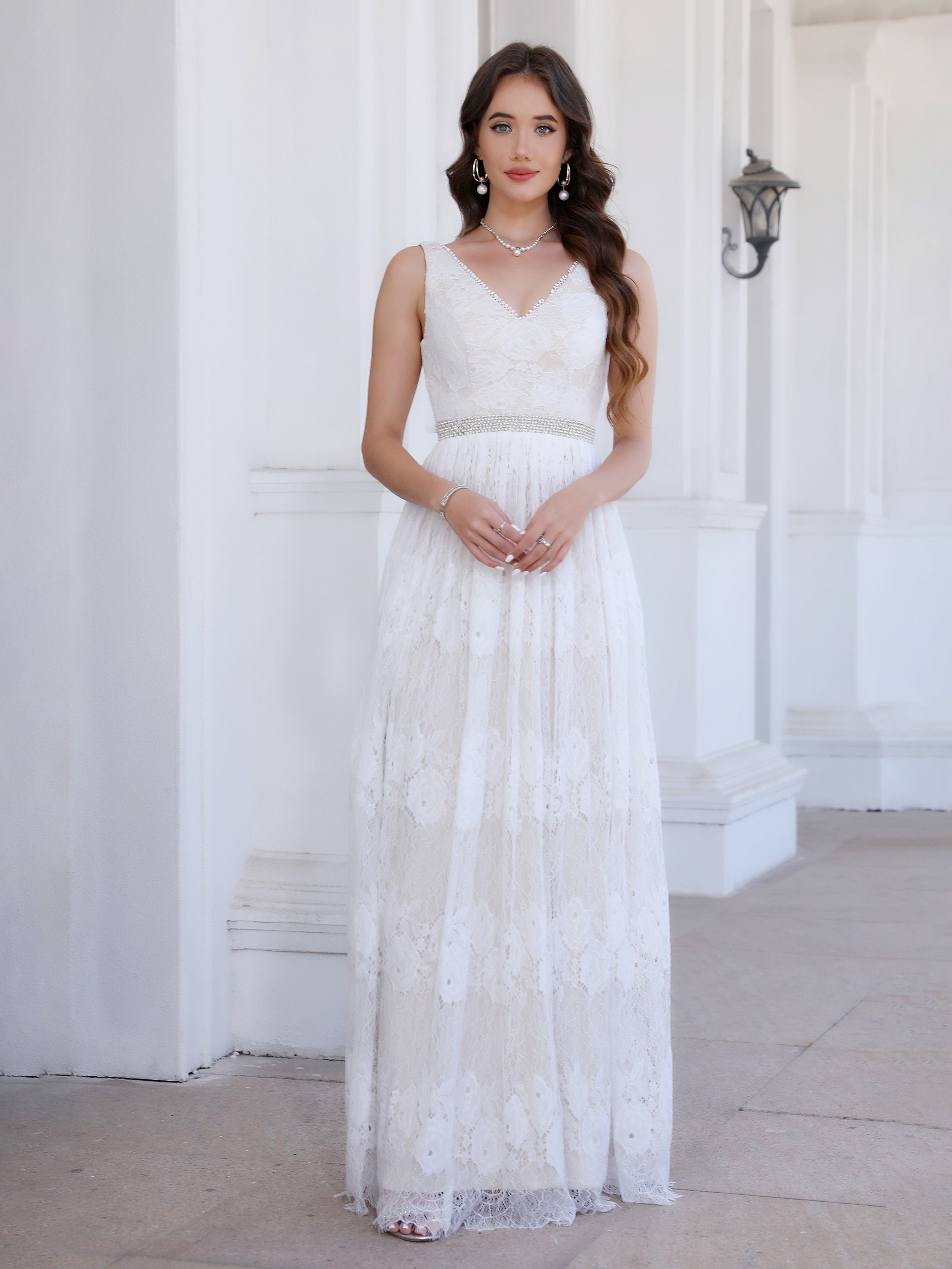 Floor Length A Line Lace Sleeveless V Neck Wedding Dress