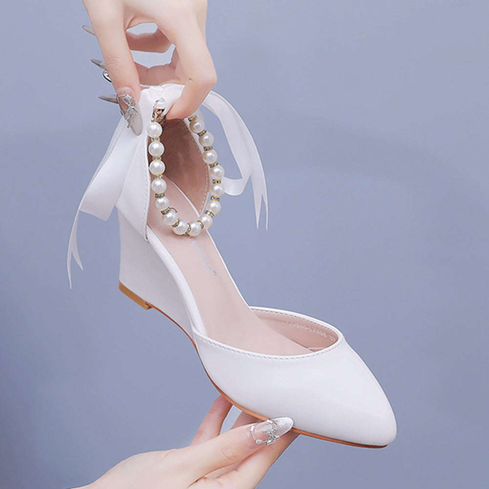 Chunky Heels Ribbons Pointed Toe Women's Wedding Shoes