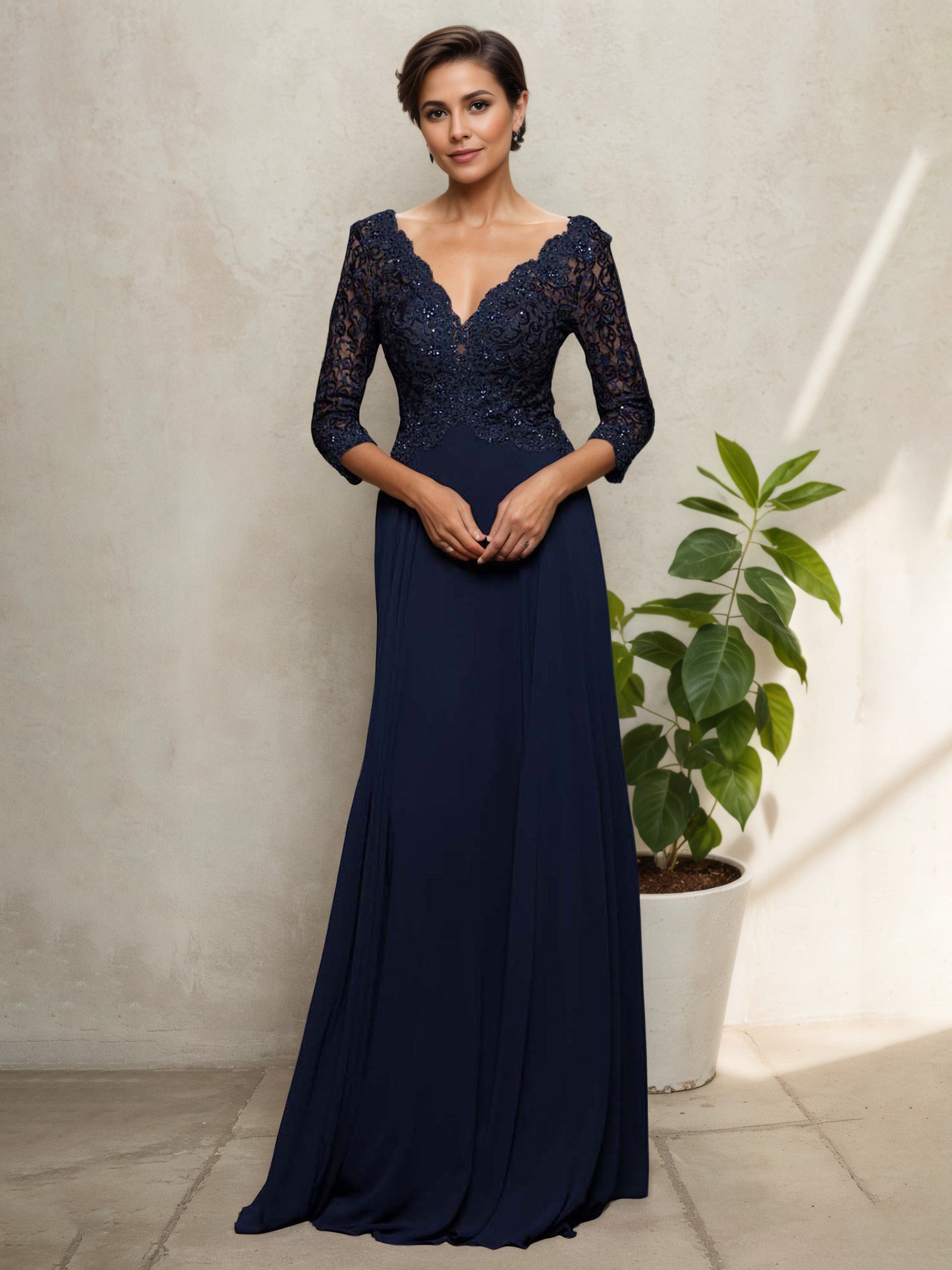 Lace Bodice V-Neck 3/4 Sleeves Long Mother Of The Bride Dress Dark Nav Lace Bodice V-Neck 3/4 Sleeves Long Mother Of The Bride Dress Dark Nav