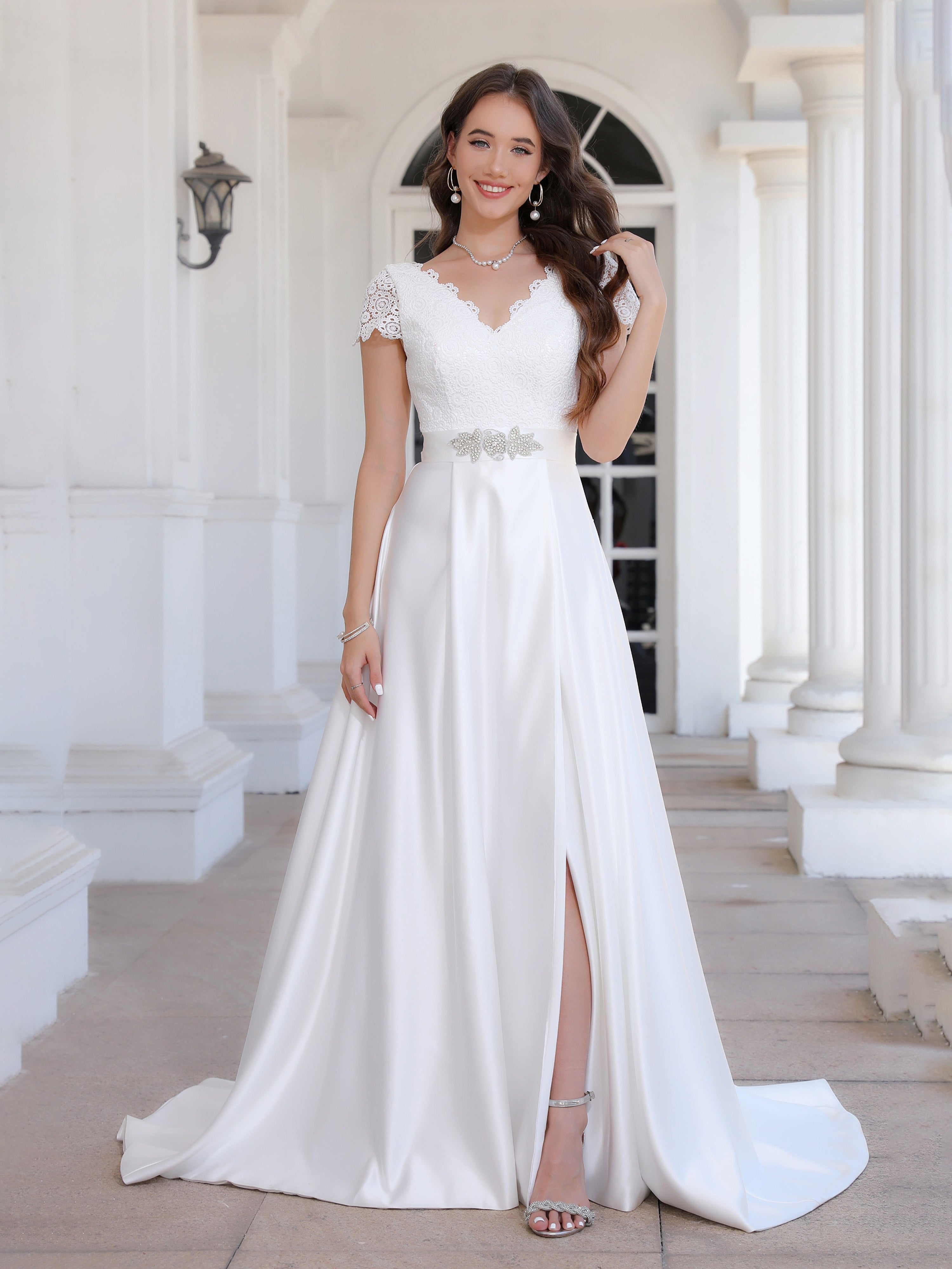 Sweep/Brush Train A Line Short Sleeves Lace Satin Wedding Dress With Beading