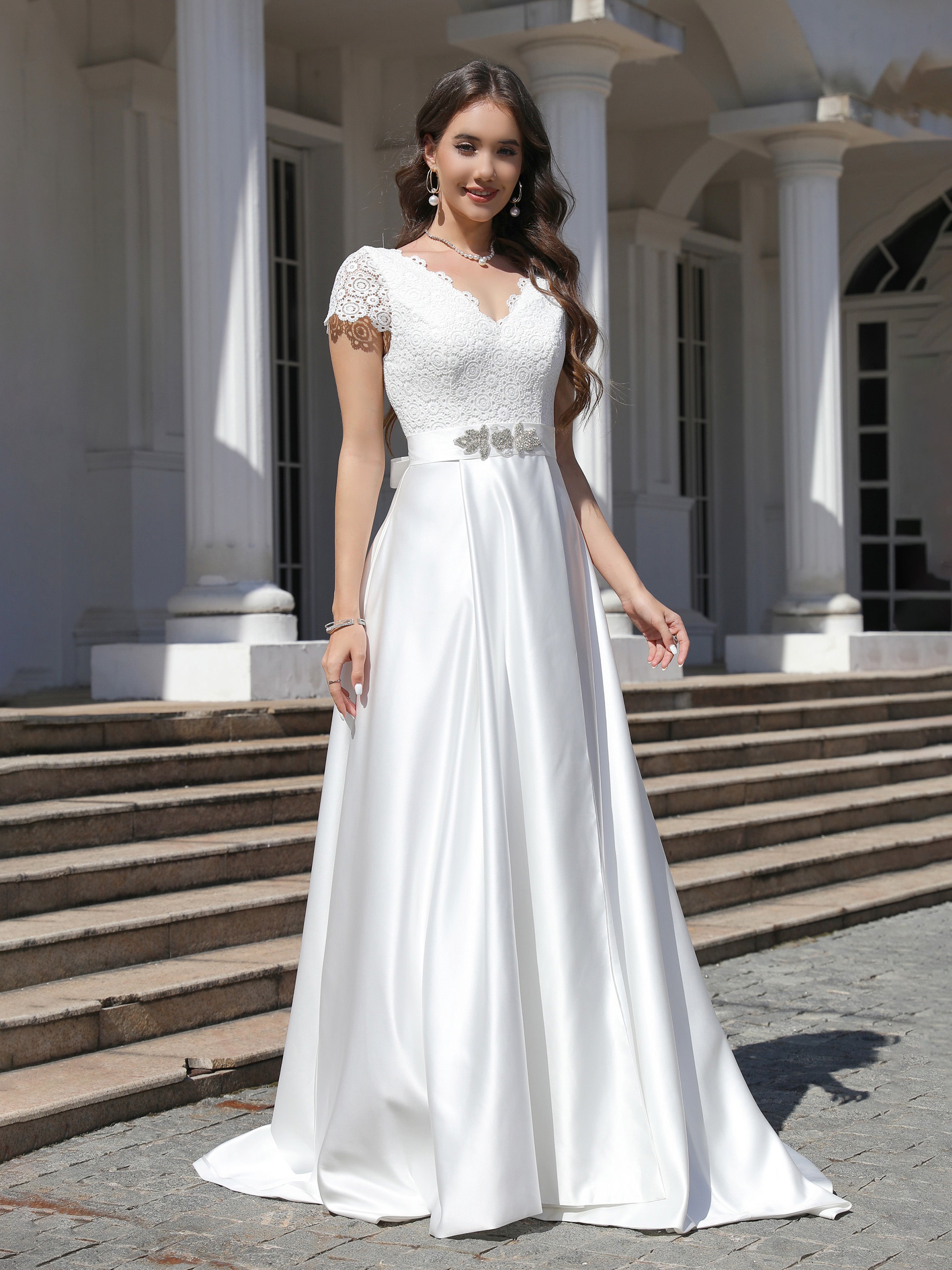 Sweep/Brush Train A Line Short Sleeves Lace Satin Wedding Dress With Beading