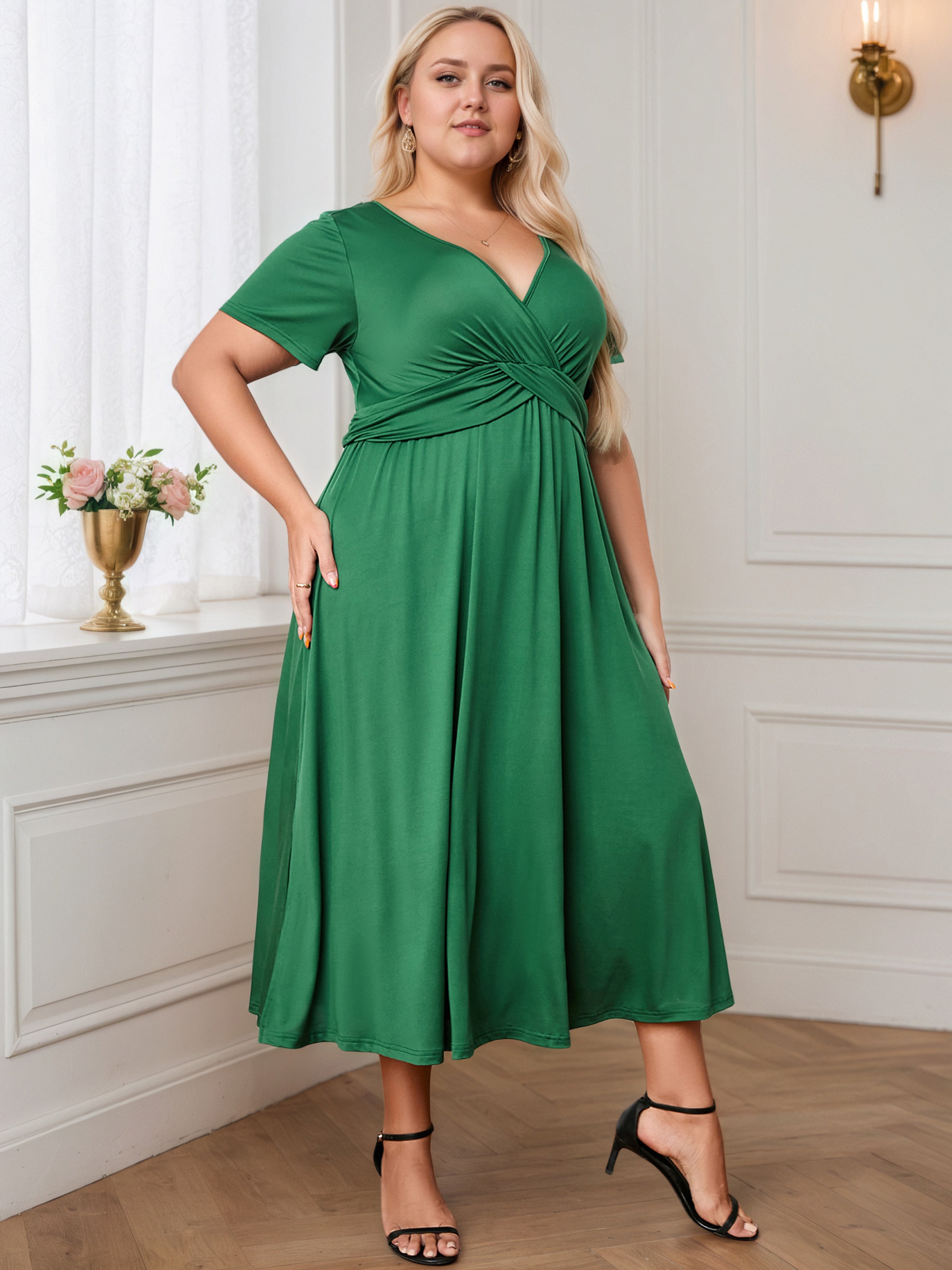 Ruched V-Neck Green Short Sleeves Ankle-Length Plus Size Dress Ruched V-Neck Green Short Sleeves Ankle-Length Plus Size Dress