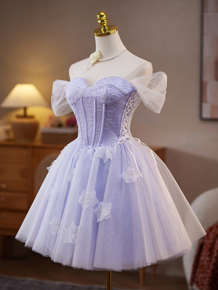 Off The Shoulder Purple Mesh Rose Princess Homecoming Dress