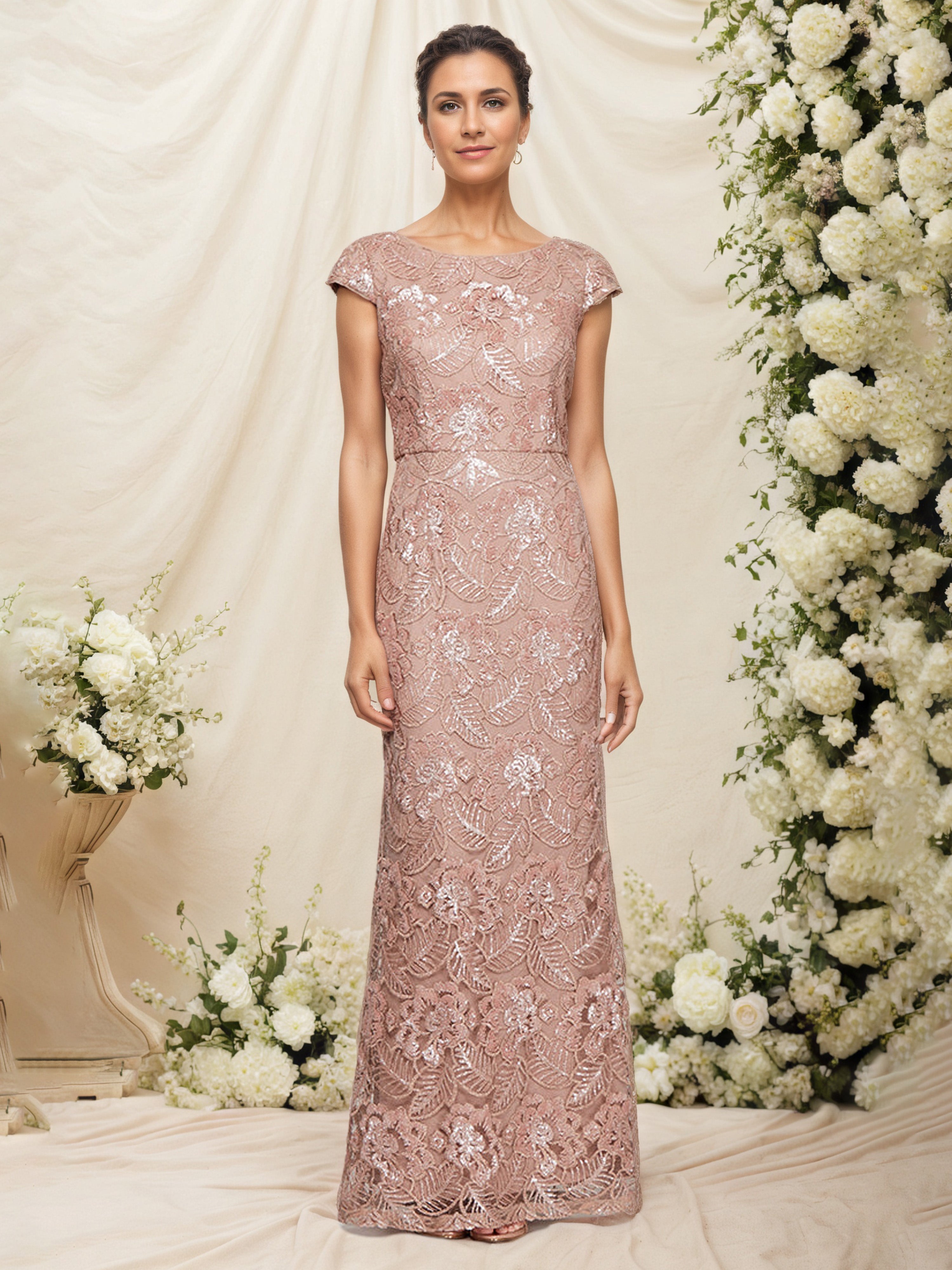 Long Embroidered Gown Cap Sleeves Rose Gold Sequins Mother Of The Brid Long Embroidered Gown Cap Sleeves Rose Gold Sequins Mother Of The Brid