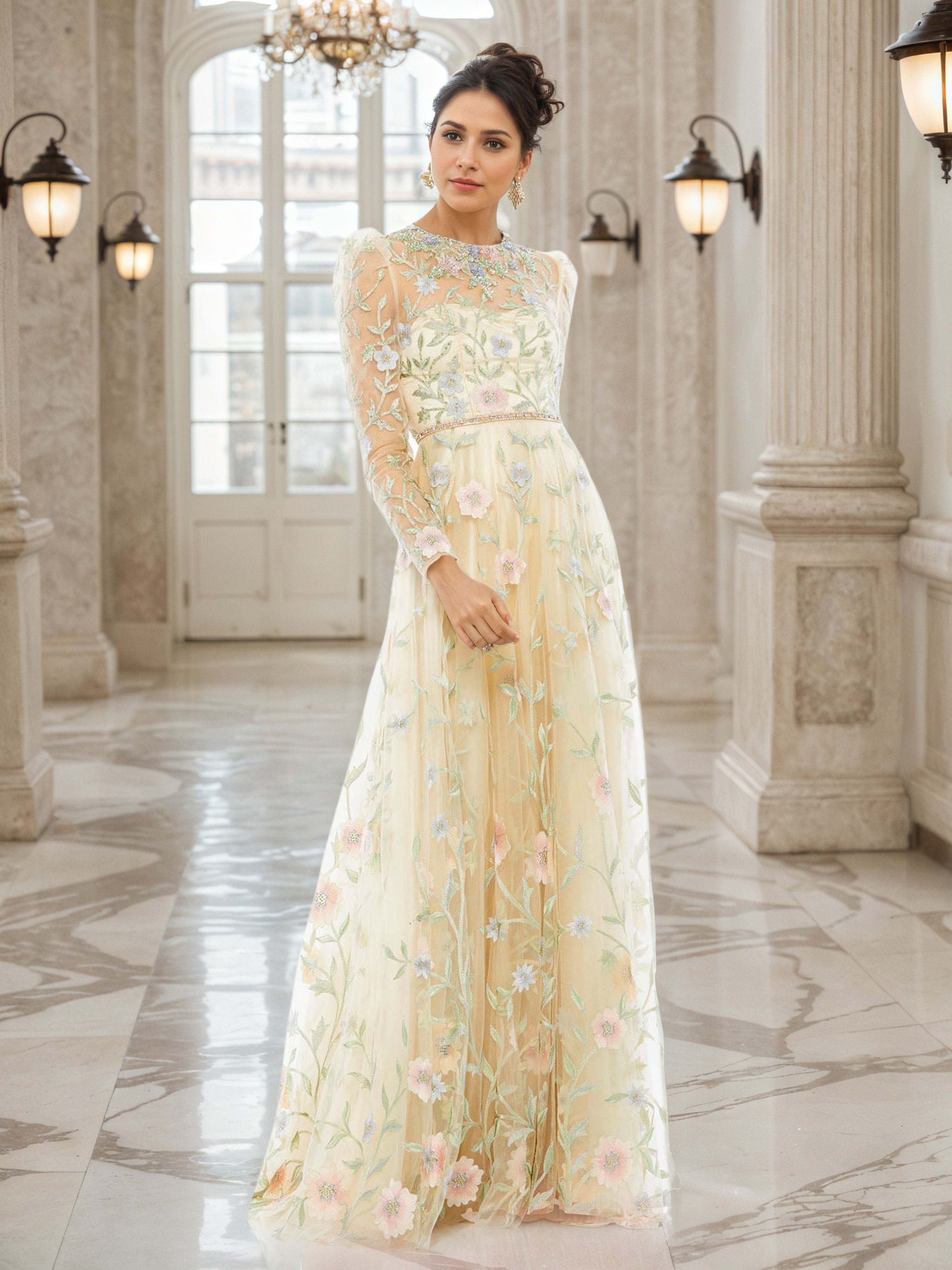 Floral Illusion Long Sleeves A-Line Prom Dress Floral Illusion Long Sleeves A-Line Prom Dress