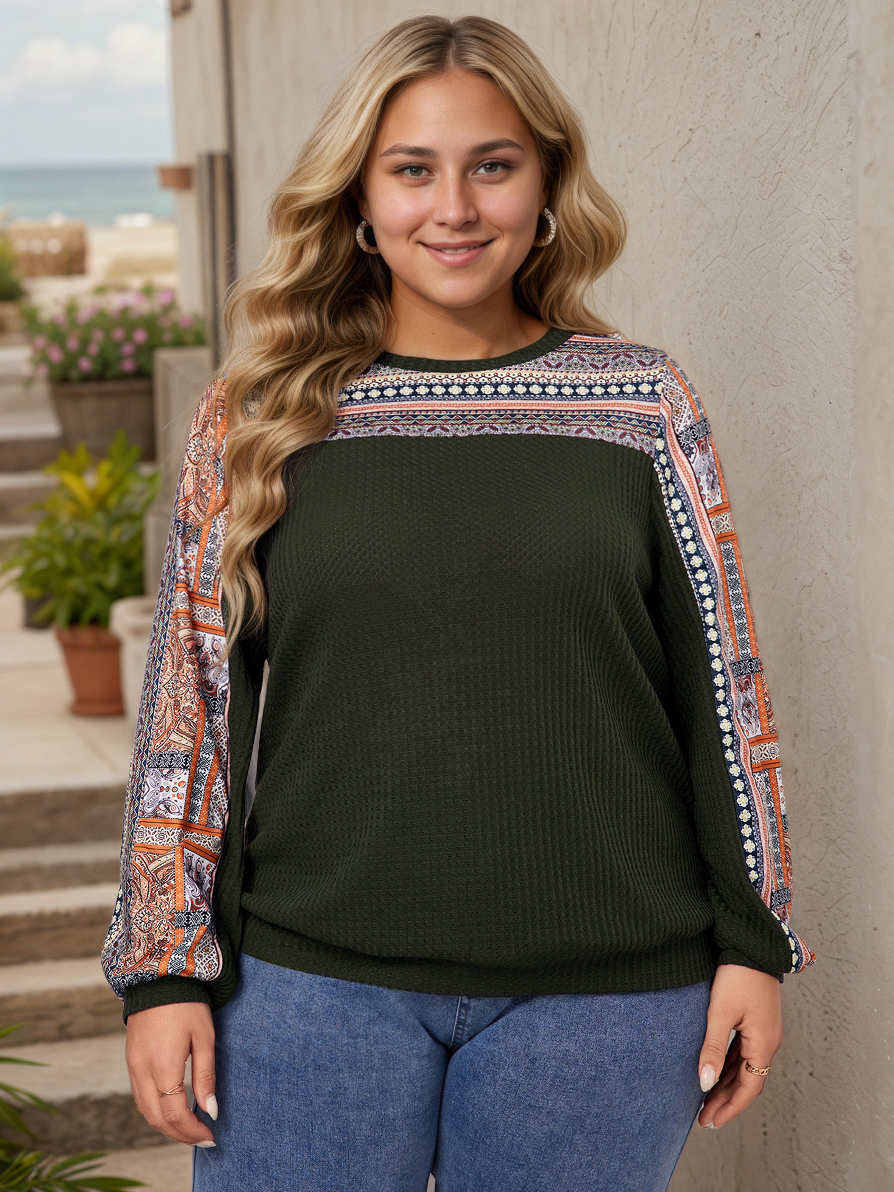 Plus Dark Olive Green Printed Crew Neck Ribbed Knit Sweater Blouse