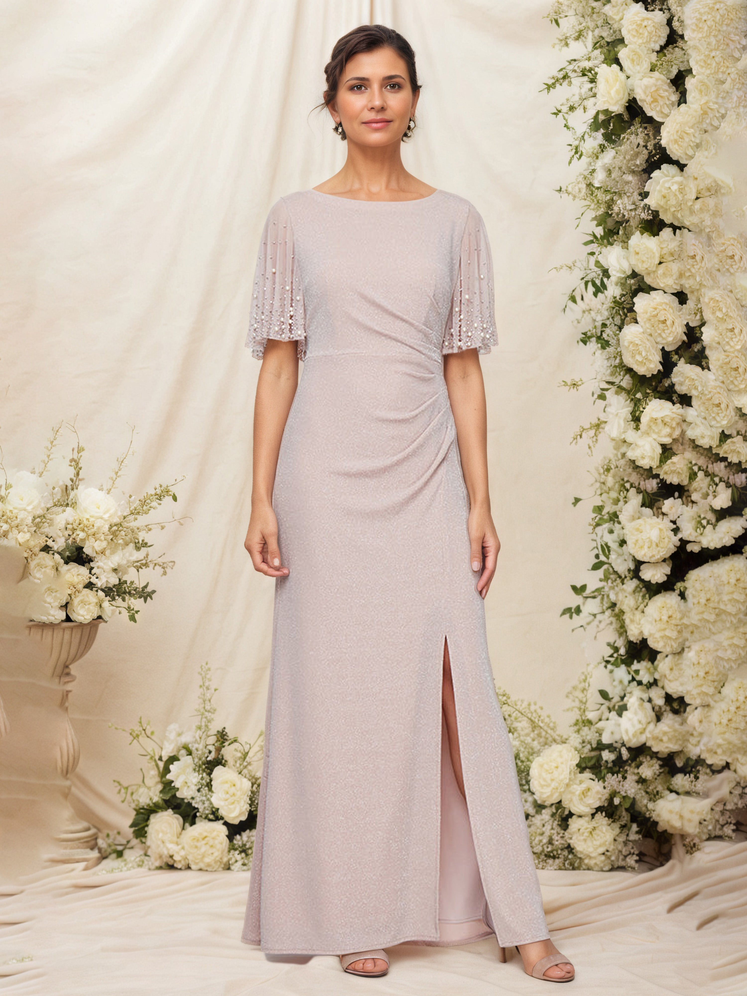 Blush Embellished Flutter Sleeve Mother of the Bride Dress with Ruched Waist Blush Embellished Flutter Sleeve Mother of the Bride Dress with Ruched Waist