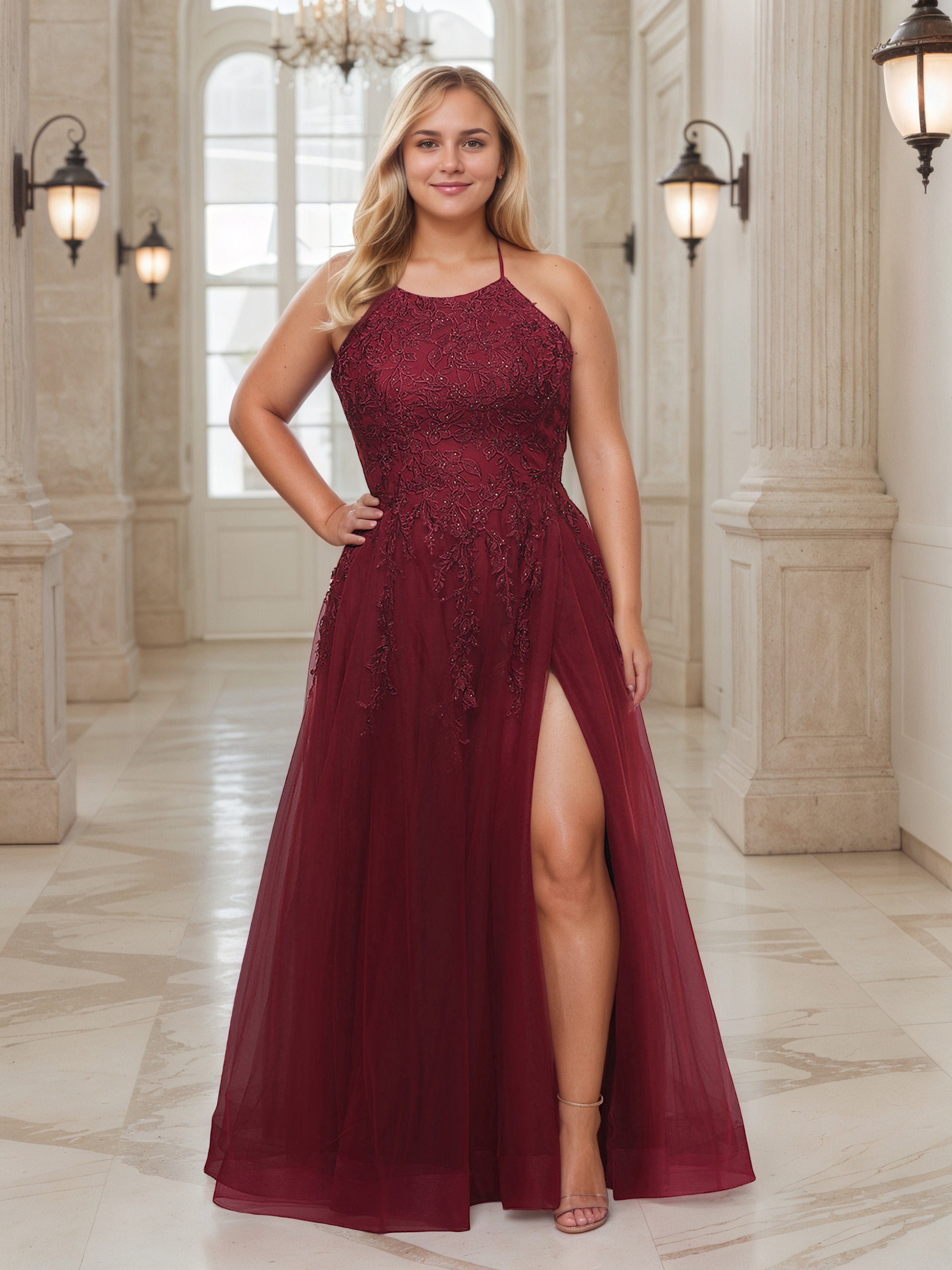 Lace Plus Size Burgundy Bridesmaid Dresses Uk Halter Lace Embroidery Sleeveless Long Tulle Plus Size Dress With Spli Lace Plus Size Burgundy Bridesmaid Dresses Uk Halter Lace Embroidery Sleeveless Long Tulle Plus Size Dress With Spli