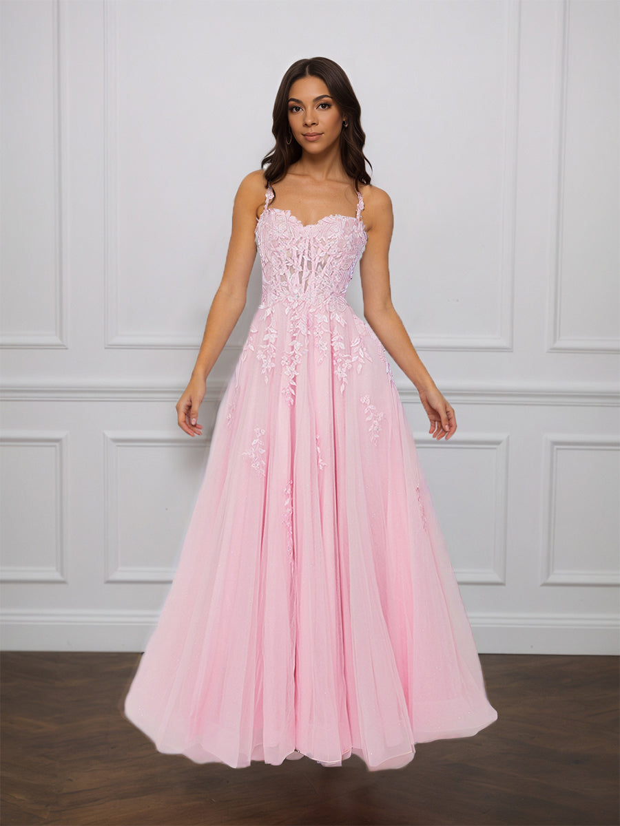 Cicinia Blushing Pink Prom Dresses Lace Appliques Tulle Sweetheart A-Line Long Evening Gown