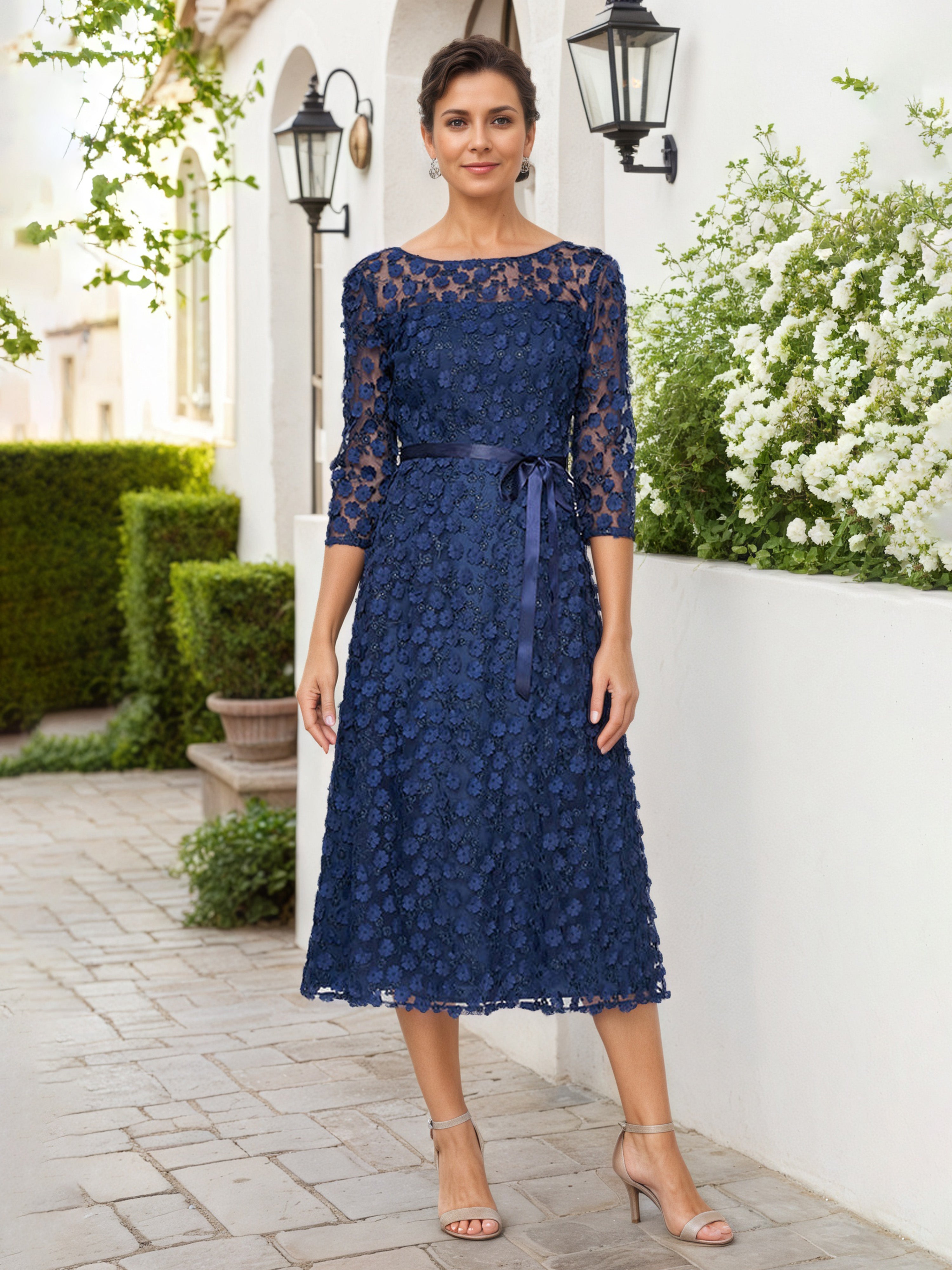 blue tea dress uk Blue Floral Print V-Neck Tea Dress