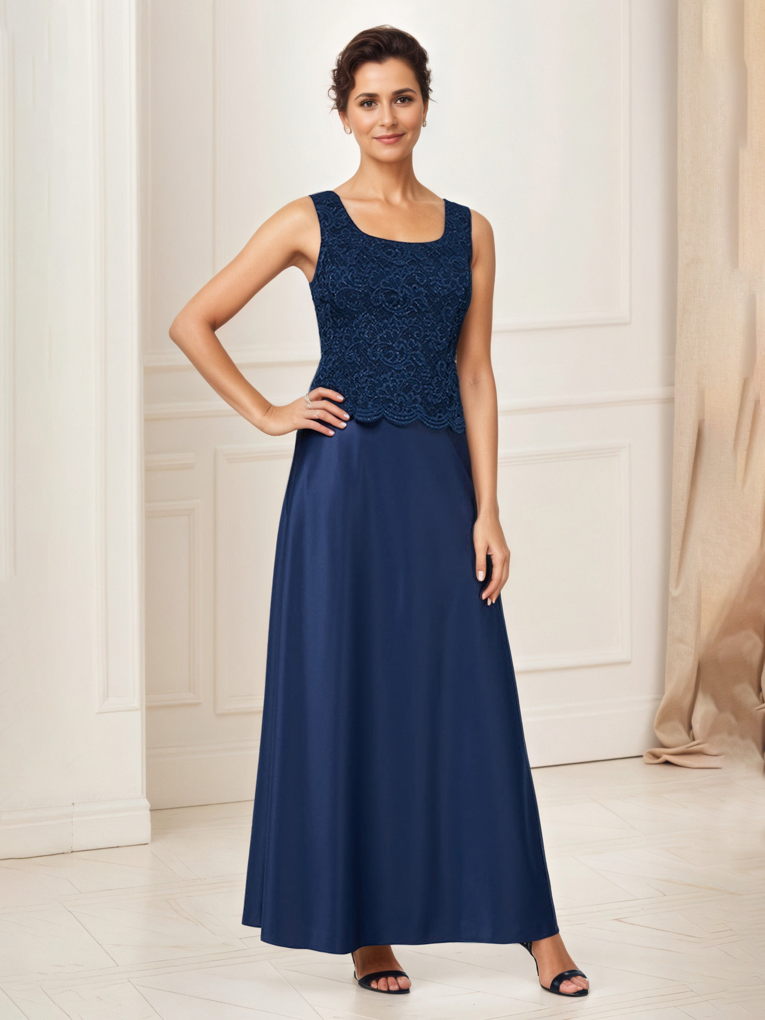 Glitter Lace Bodice Satin Dark Navy Mother Of The Bride Dress with Lace Jacket