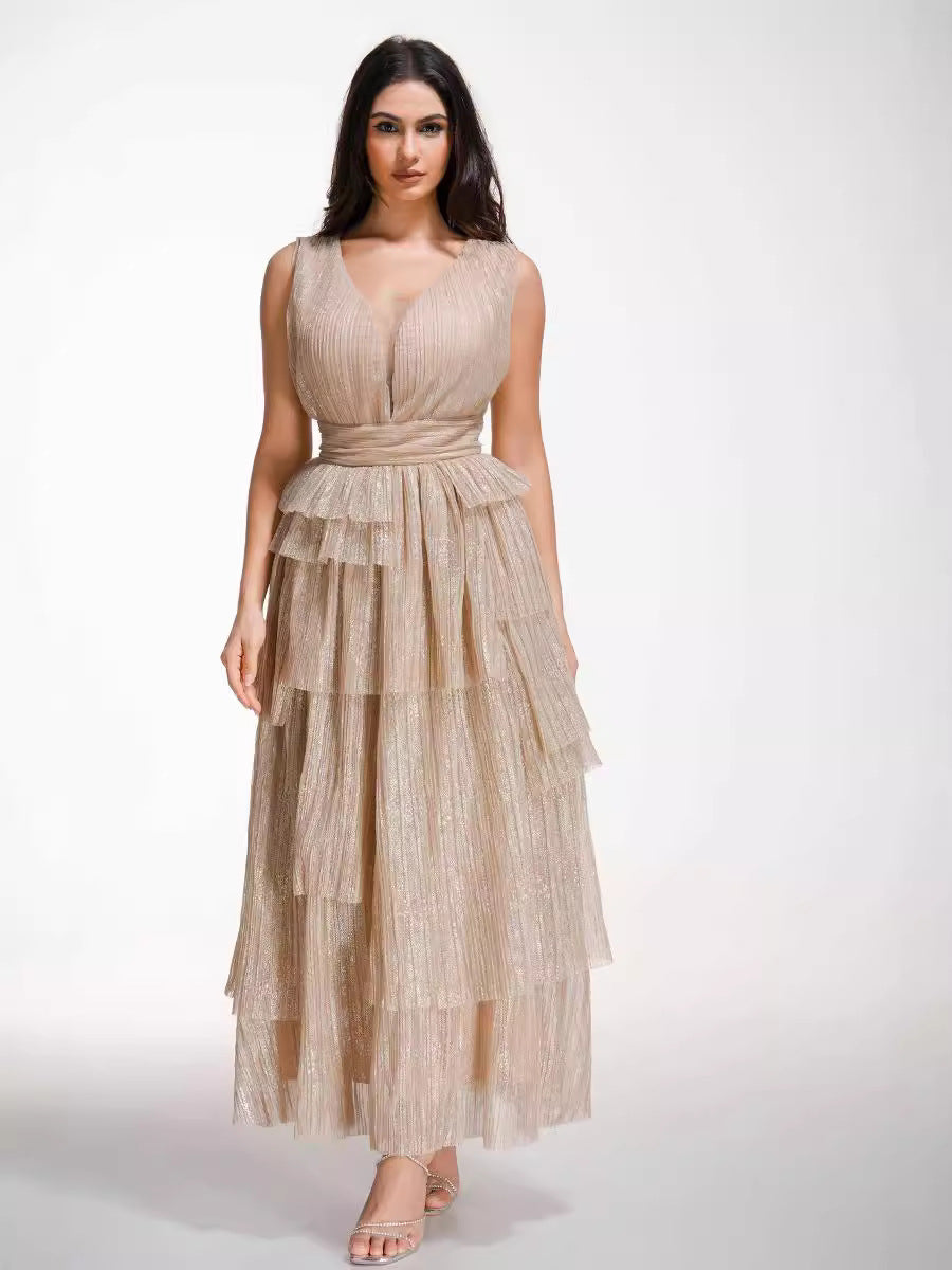 V-Neck Sleeveless Gold Layers High Waist Slim Shiny Long Prom Dress