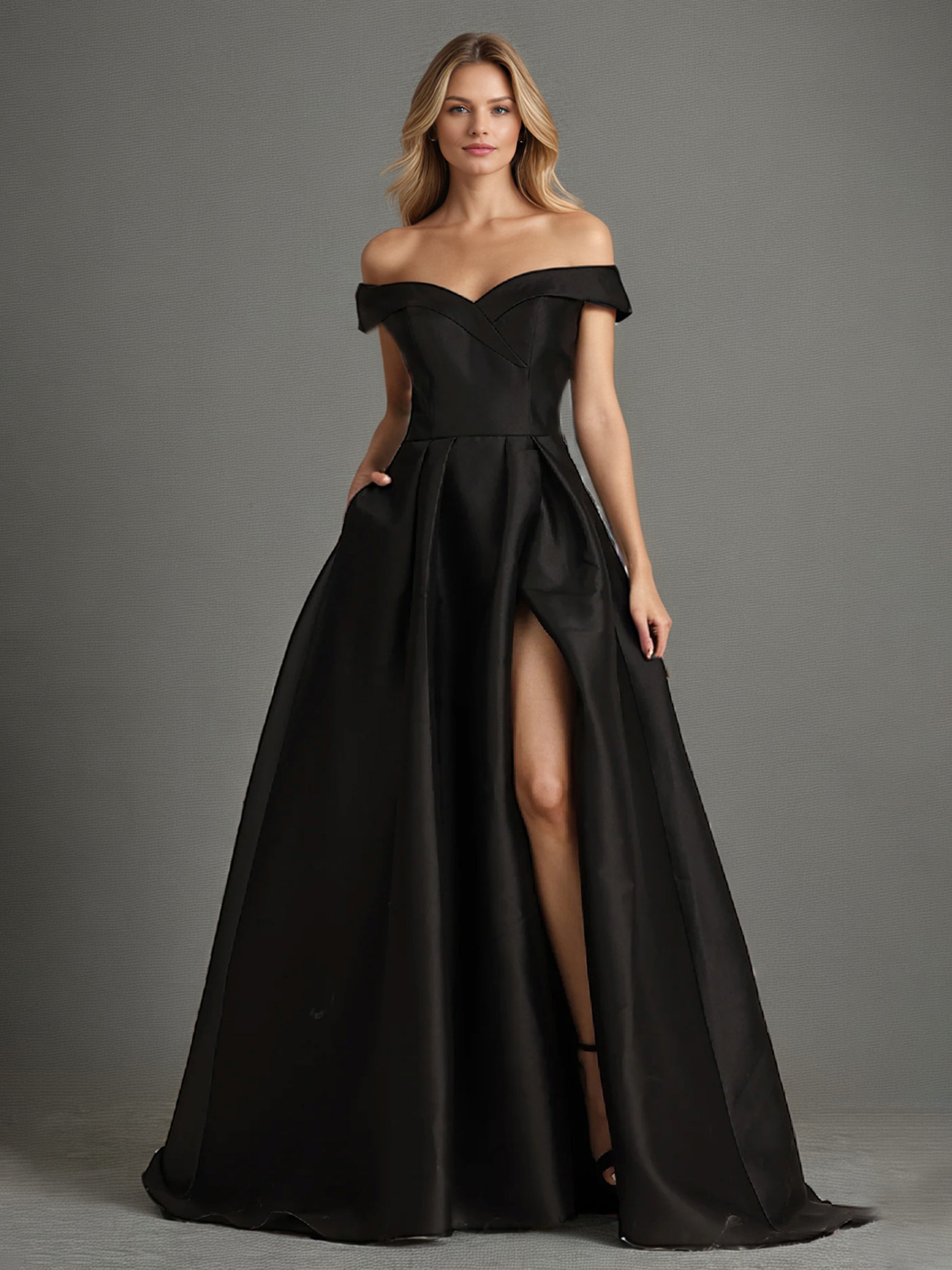 Black Long Prom Dresses Elegant A Line Off The Shoulder Long Satin Prom Dress With Slit Black Long Prom Dresses Elegant A Line Off The Shoulder Long Satin Prom Dress With Slit