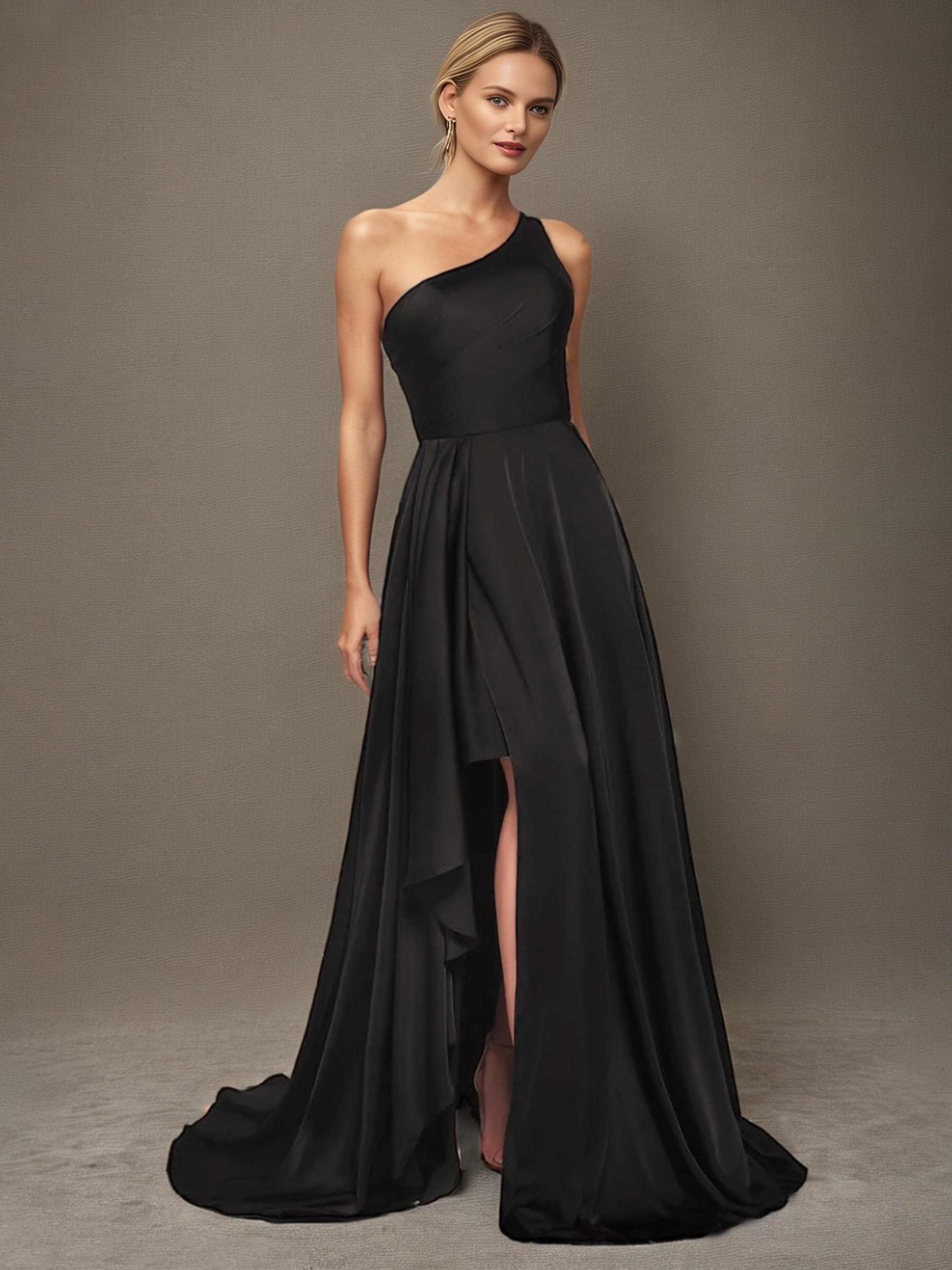 Long Black Prom Dress Elegant One Shoulder Sleeveless A Line Ruffles M