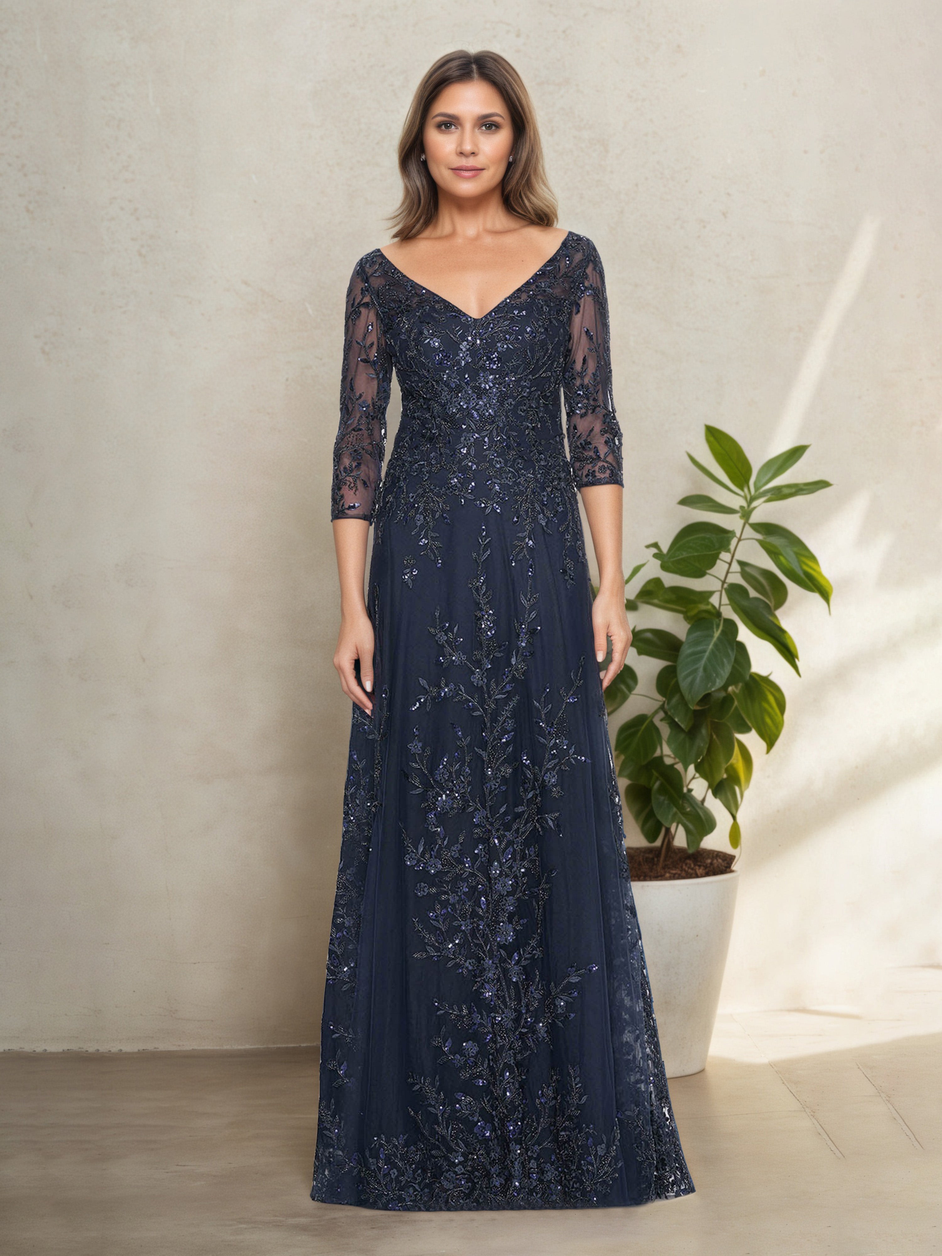 A Line/Princess V-Neck 3/4 Sleeves Floor-Length Mother of the Bride Dresses with Ruched, Draping, Split Front, Flower & Ruching main image 1