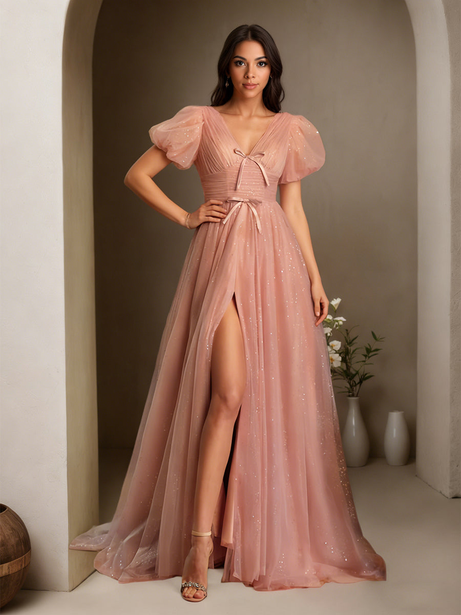 Cicinia Dusty Rose Prom Dresses Glitter Tulle A-Line Puffed Short Sleeves Long Princess Gown