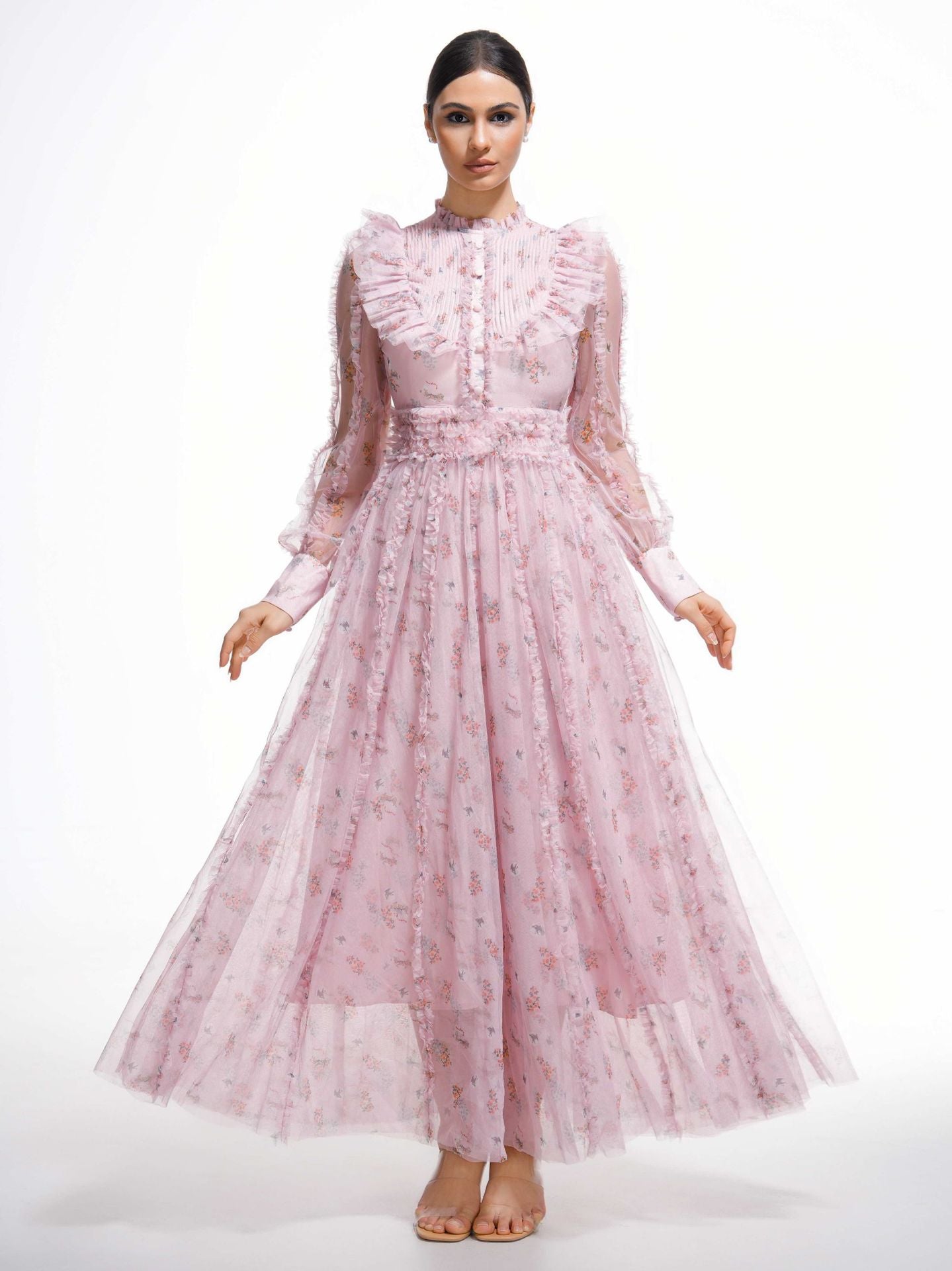 Elegant Pink Ruffled Long Sleeve Floral Maxi Prom Dress