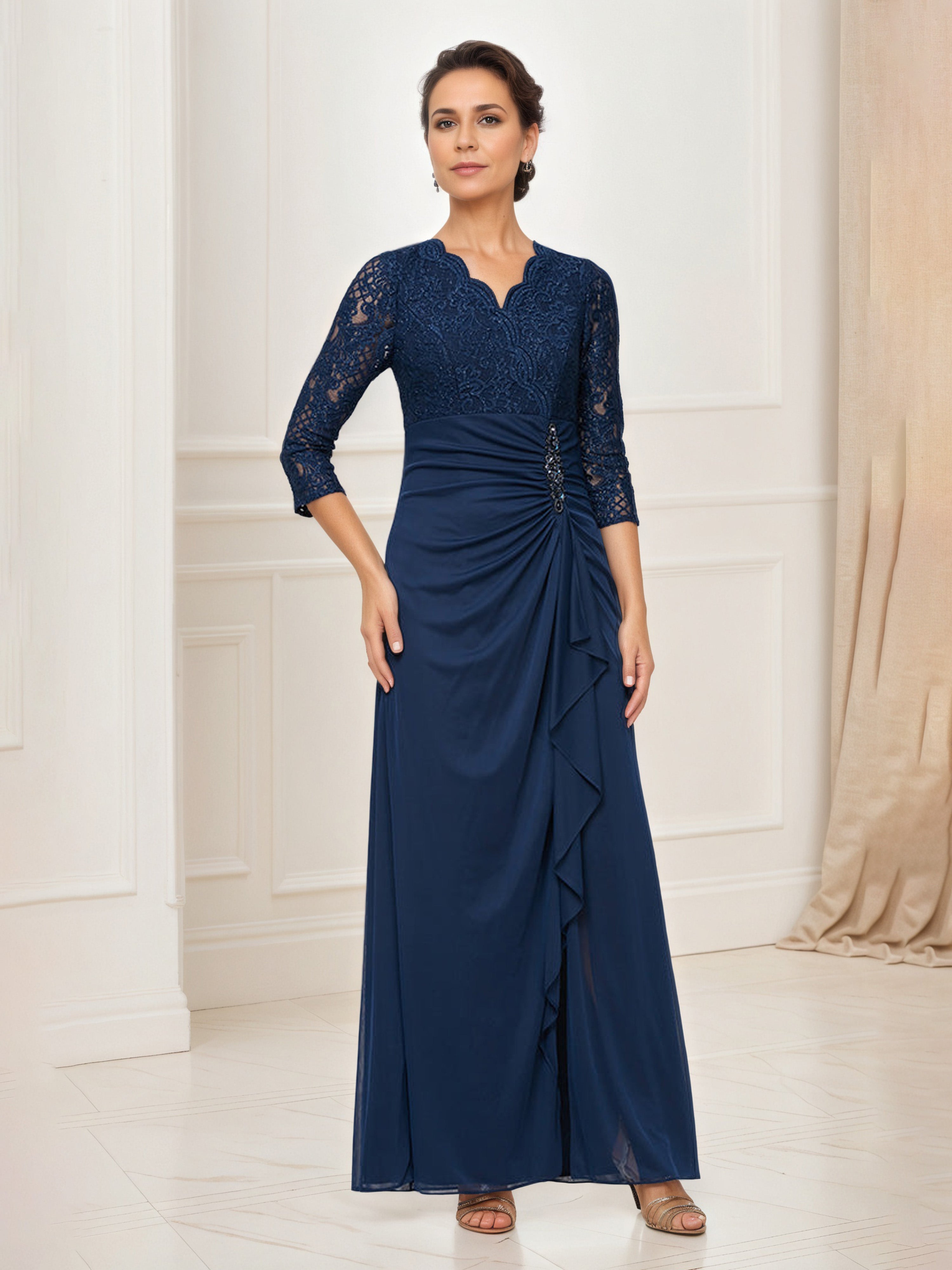 Navy Blue Sheath/Column V-Neck Illusion Floor-Length Lace Chiffon Mother of the Bride Dress Navy Blue Sheath/Column V-Neck Illusion Floor-Length Lace Chiffon Mother of the Bride Dress
