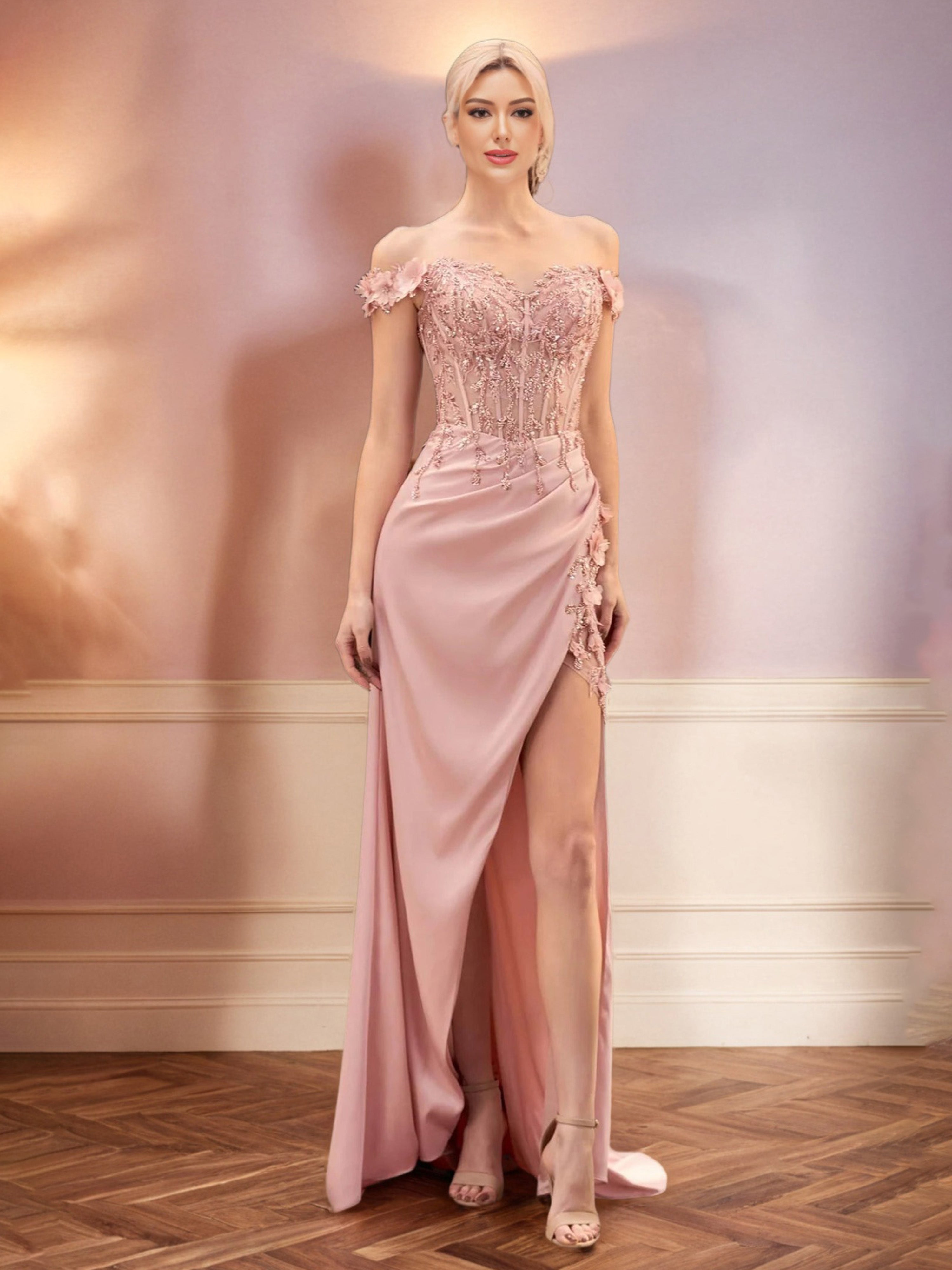 Dusty Rose Prom Dress Off The Shoulder Flower Appliques Sequined Bodice Sheath Prom Dress Dusty Rose Prom Dress Off The Shoulder Flower Appliques Sequined Bodice Sheath Prom Dress