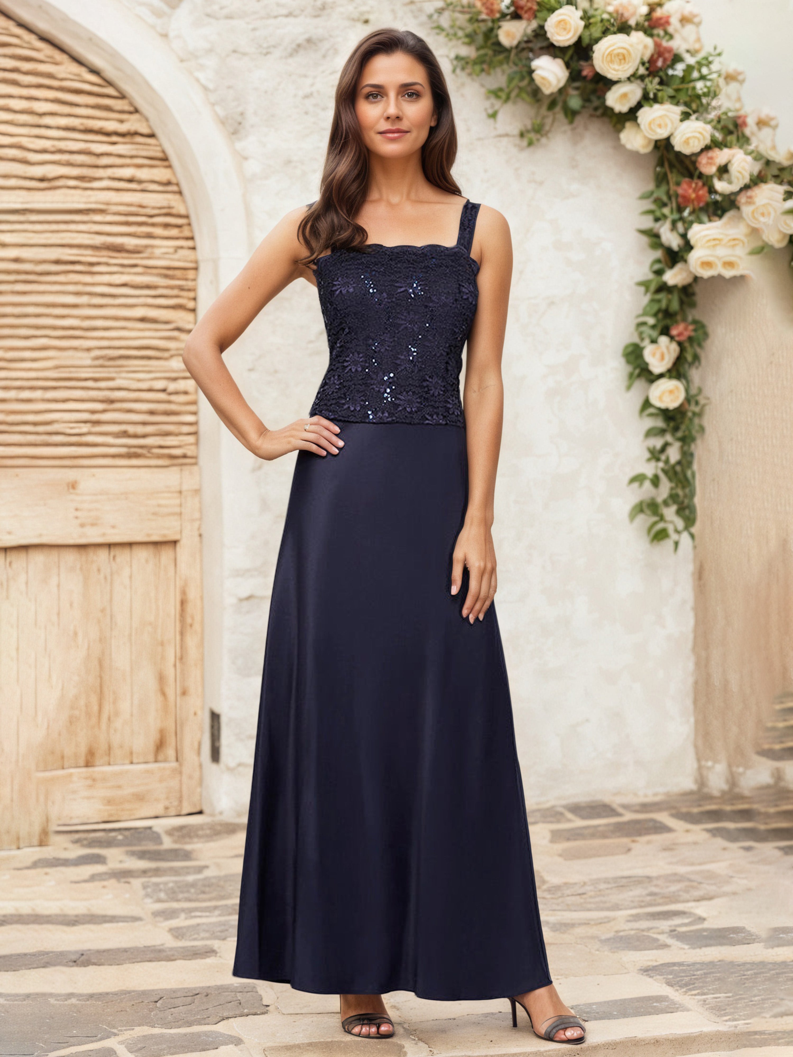 A line Sleeves Stretch Satin Long 2 Pieces Dark Navy Mother Of The Bride Dresses Suits