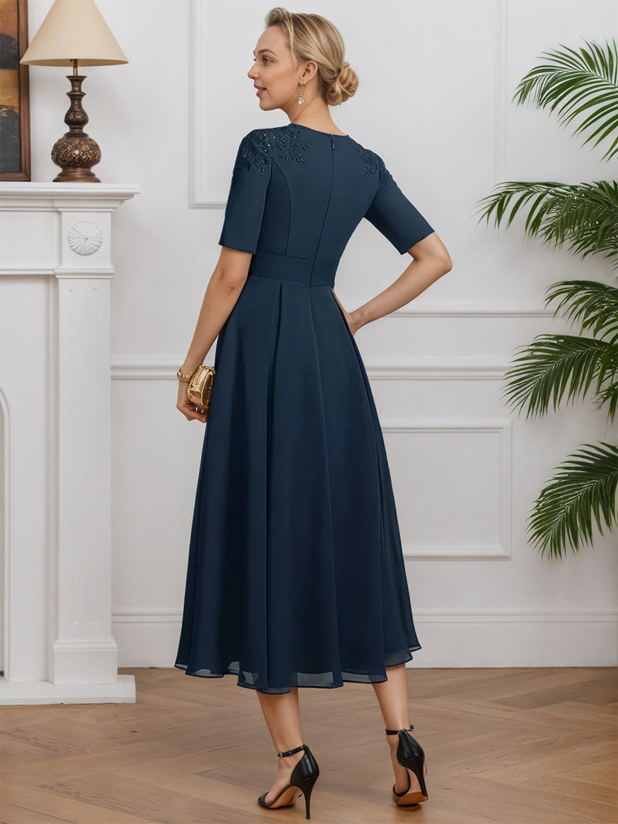 Cicinia Dark Navy Mother Of The Bride Dresses Chiffon Lace Tea Length Short Sleeves