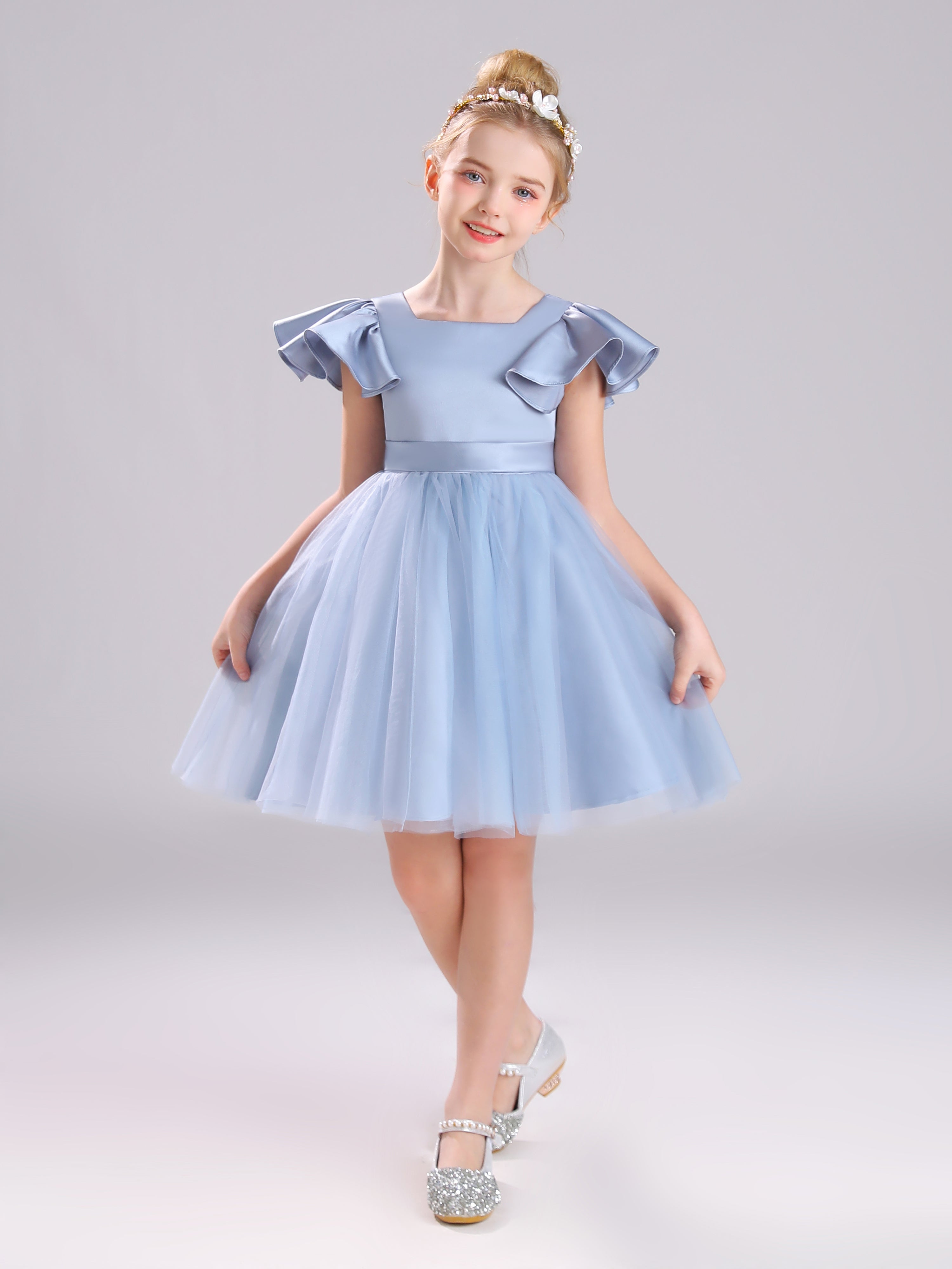 Ruffles Cap Sleeves V-Back Tulle Knee Length Satin Flower Girl Dress