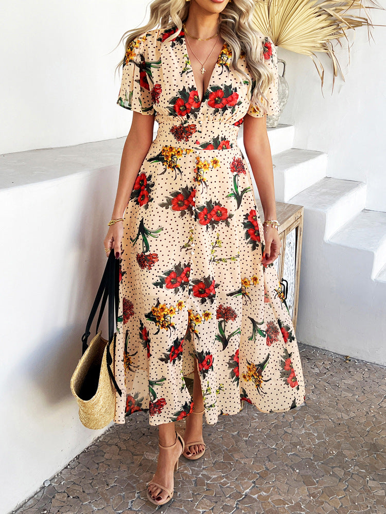 Daffodil Sexy Deep V Chiffon Printed Floral Short Sleeves Wedding Guest Dress