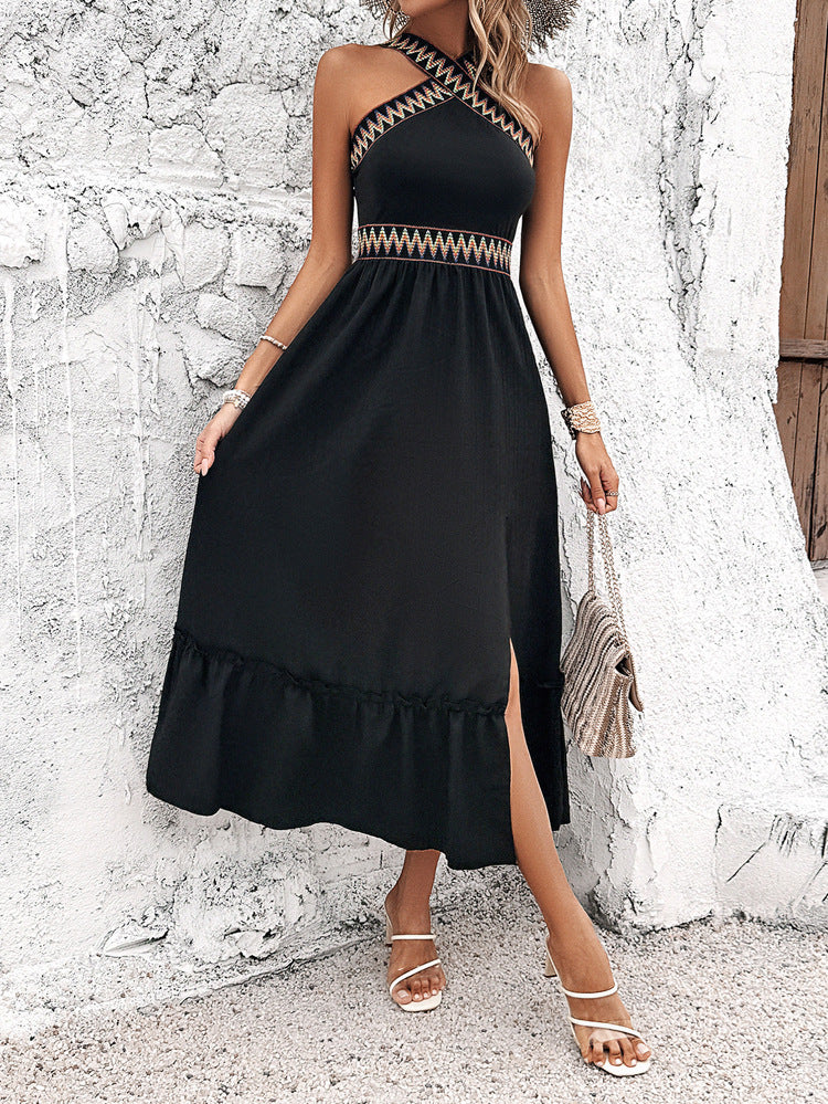 Boho Halter Sleeveless Black Wedding Guest Dress with Split