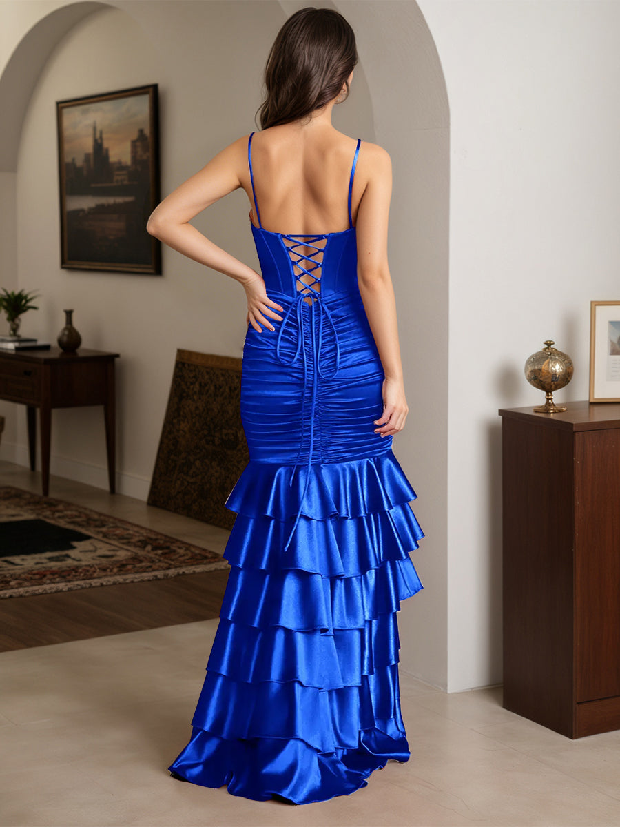 Cicinia Royal Blue Prom Dresses Stretch Satin Trumpet/Mermaid Layers Spaghetti Straps Gowns