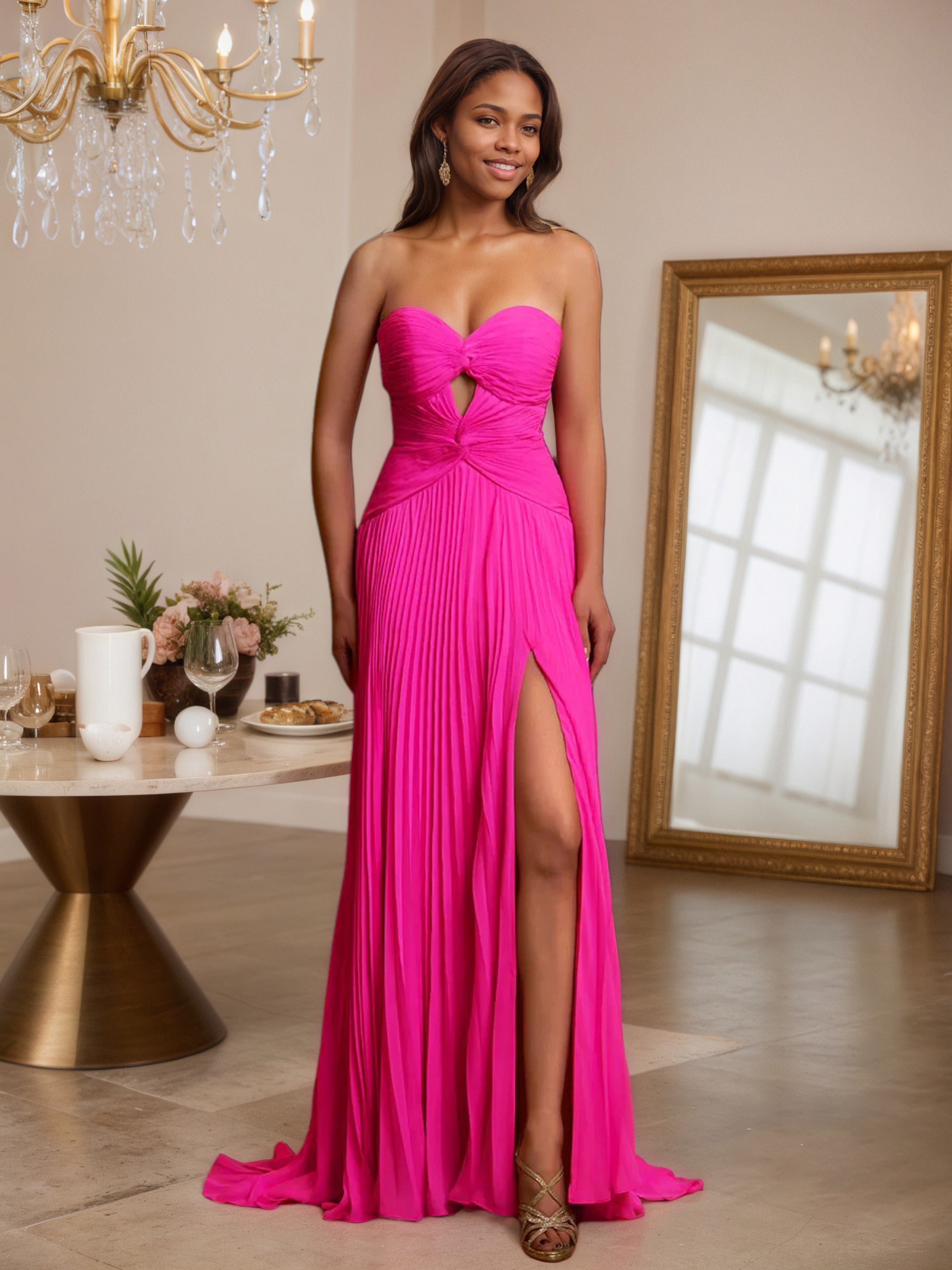 Twist Front Strapless Pleats Fuchsia Sweep/Brush Train Prom Dress with Split