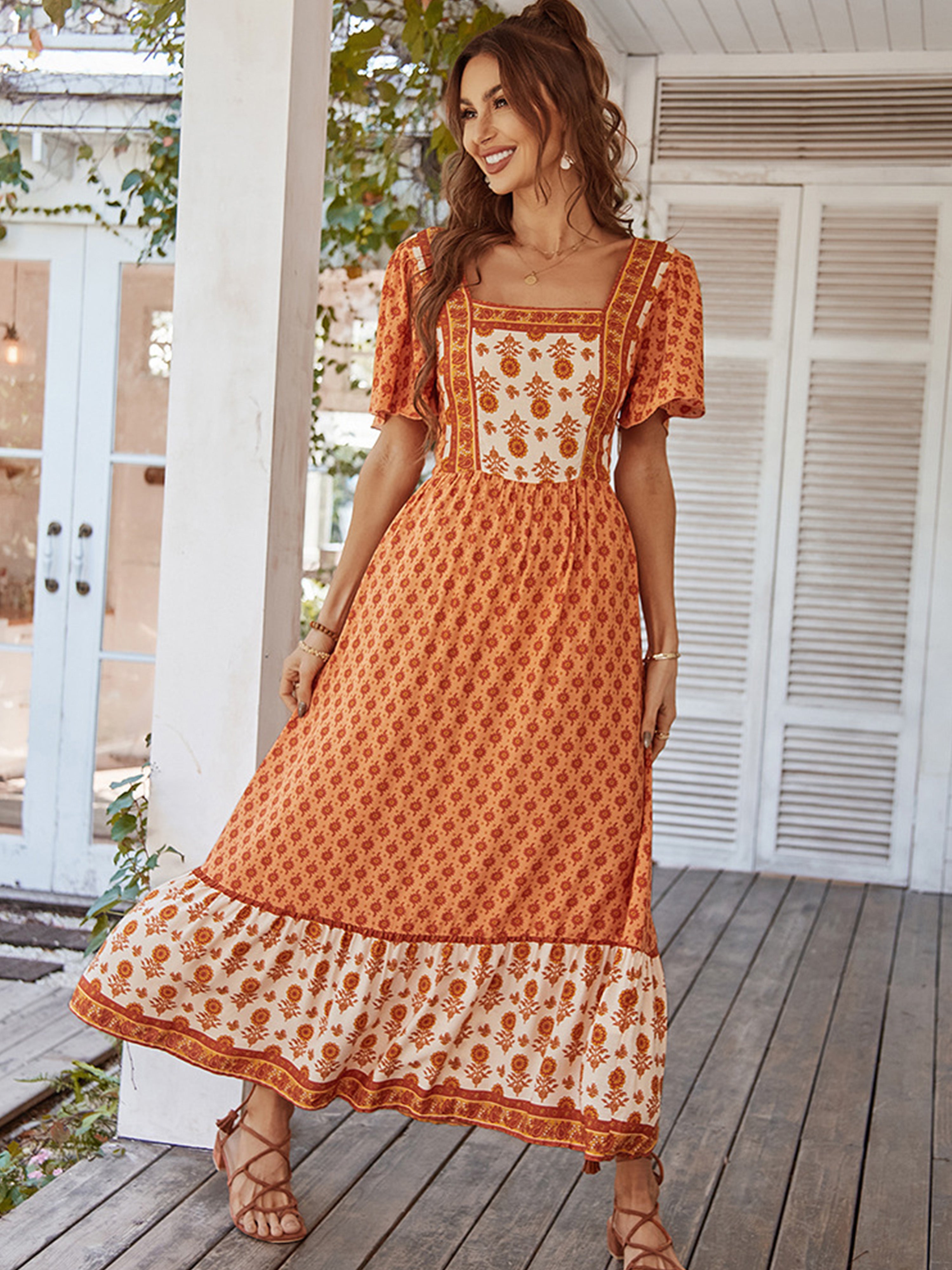 Floral Square Neckline Short Sleeves Orange Ankle Length Wedding Guest Dress