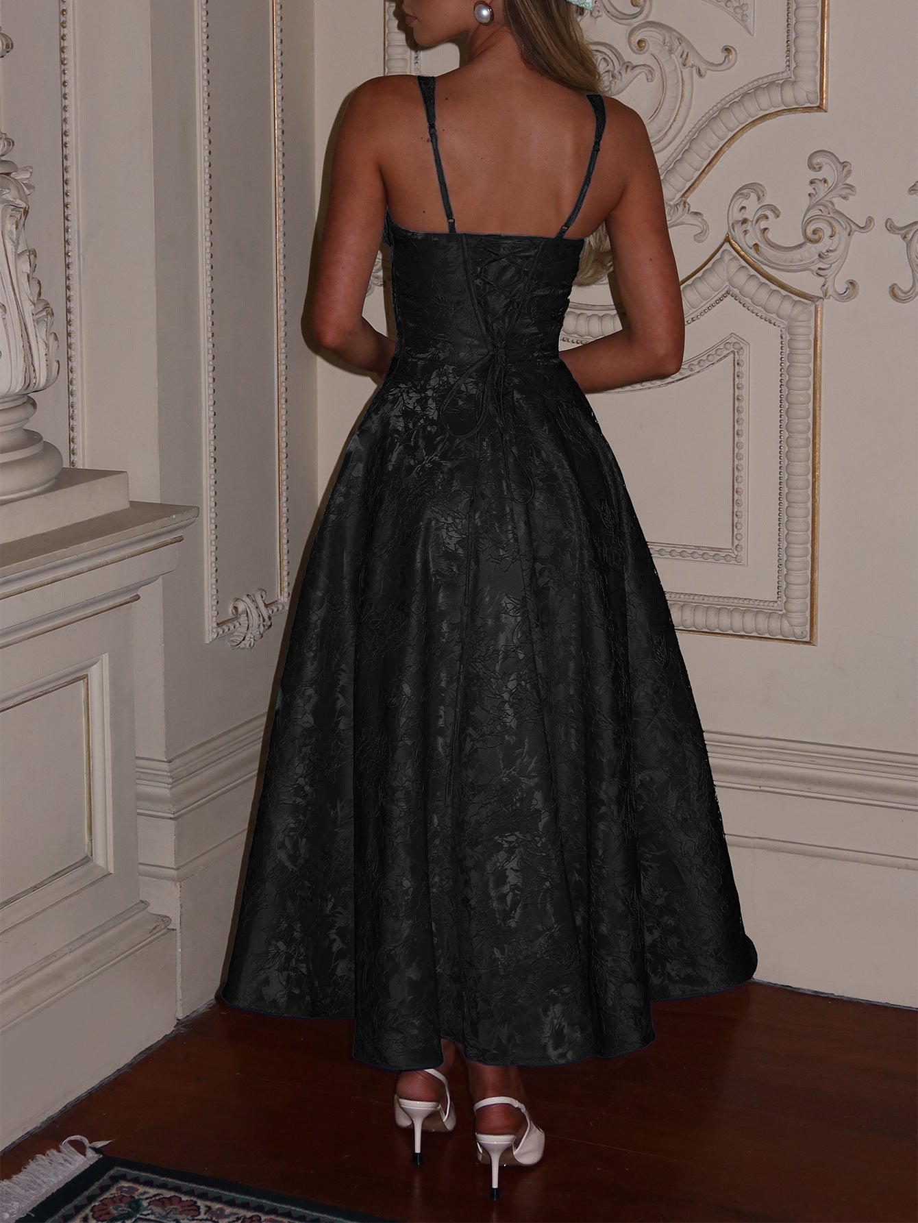 Elegant Straps Illusion Neckline Black Floral Wedding Guest Dress