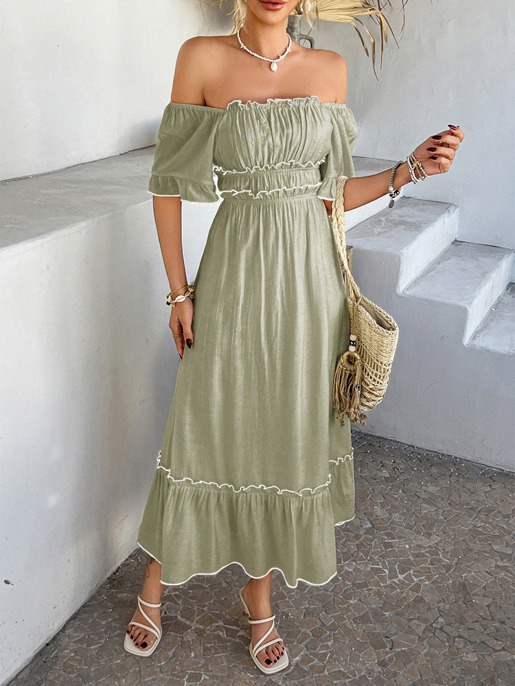 Off The Shoulder Convertible Short Sleeves Olive Green A-Line Ankle Length Wedding Guest Dress