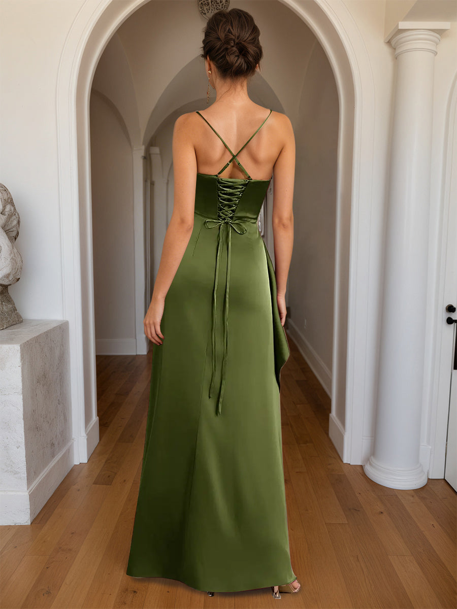Cicinia Oliver Green Prom Dresses Sheath Square Neckline Spaghetti Straps Slit Floor Length Long Prom