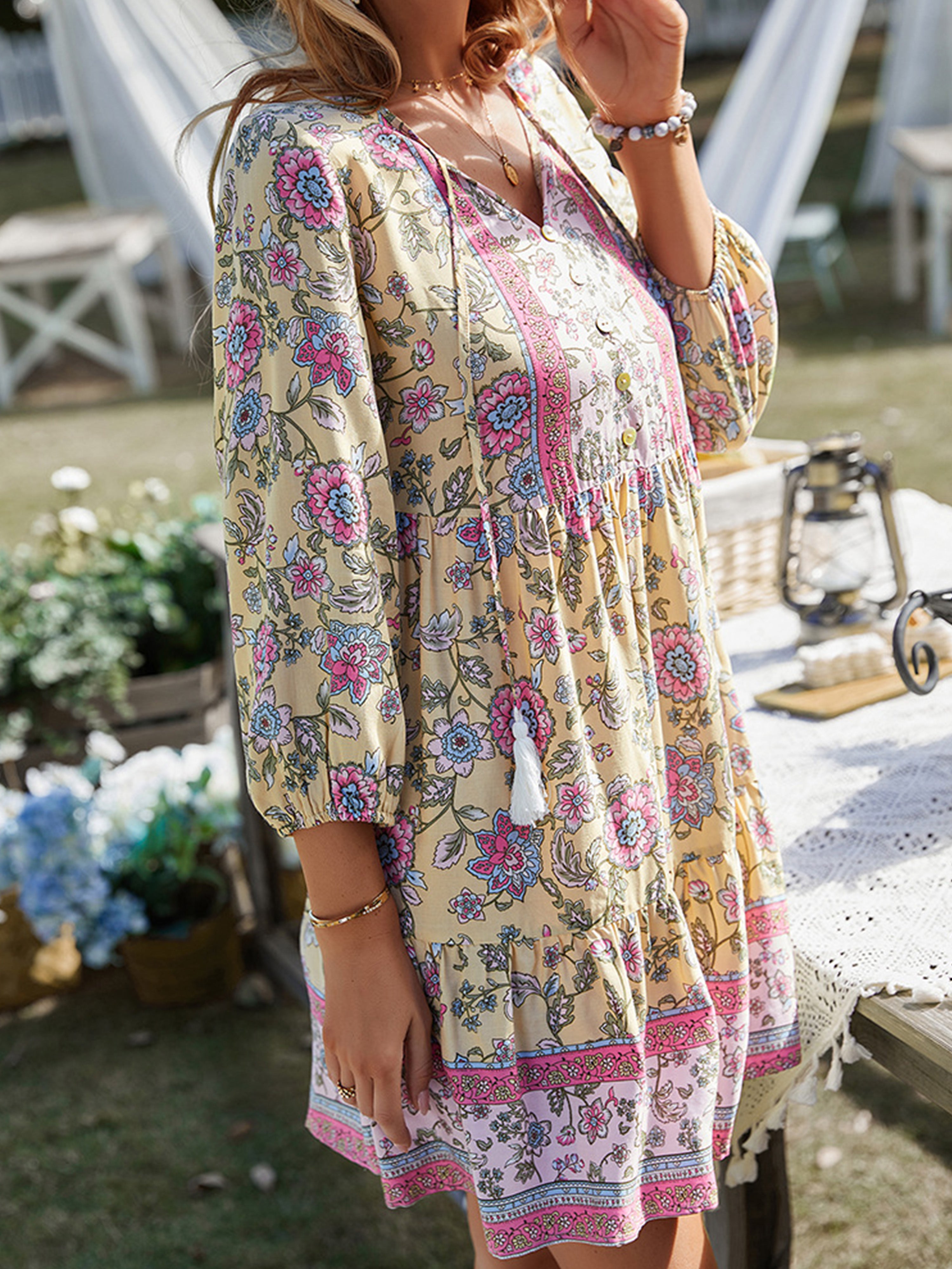 Boho Floral V Neck Long Sleeves Daffodil Short Wedding Guest Dress